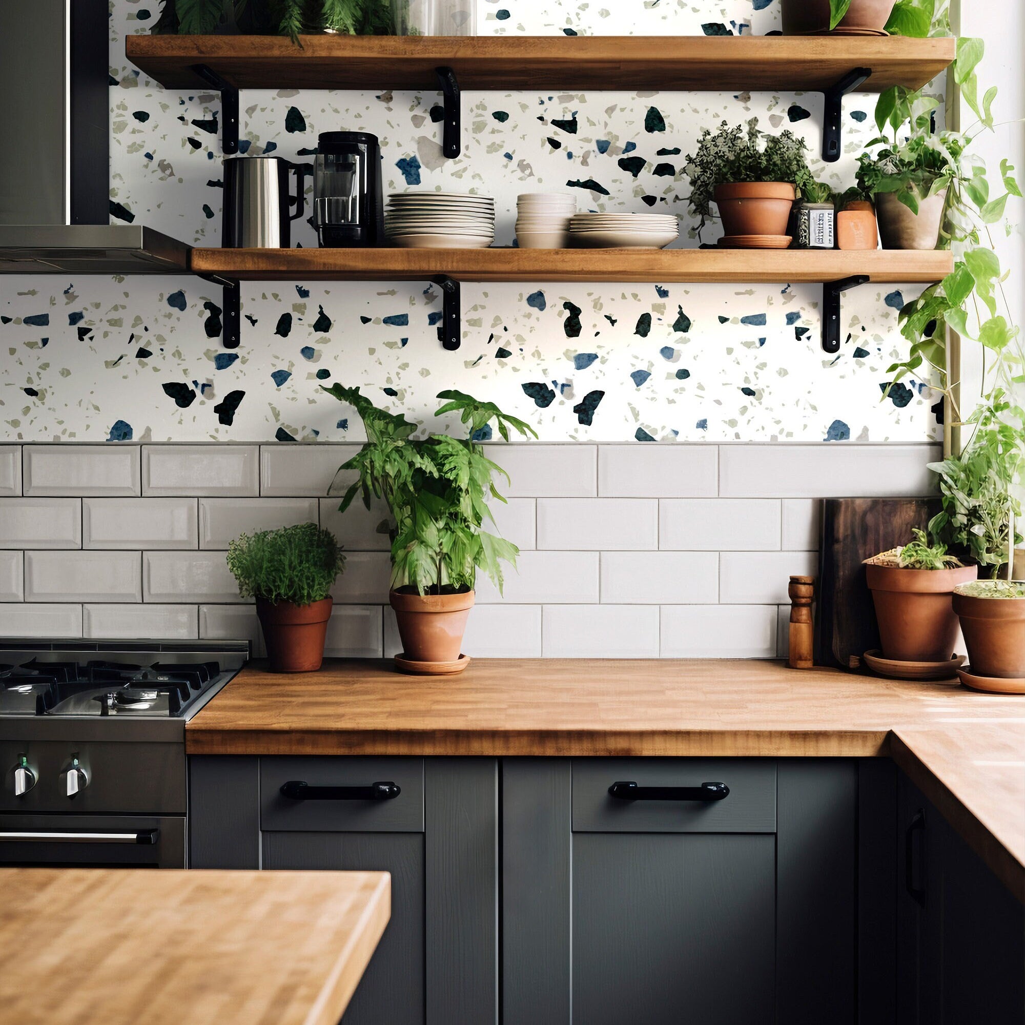 Terrazzo White Blue Wallpaper | Wallpaper Peel and Stick | Removable Wallpaper | Wallpaper Peel And Stick | Wall Mural | Wall Decor 1145a - James And Colors