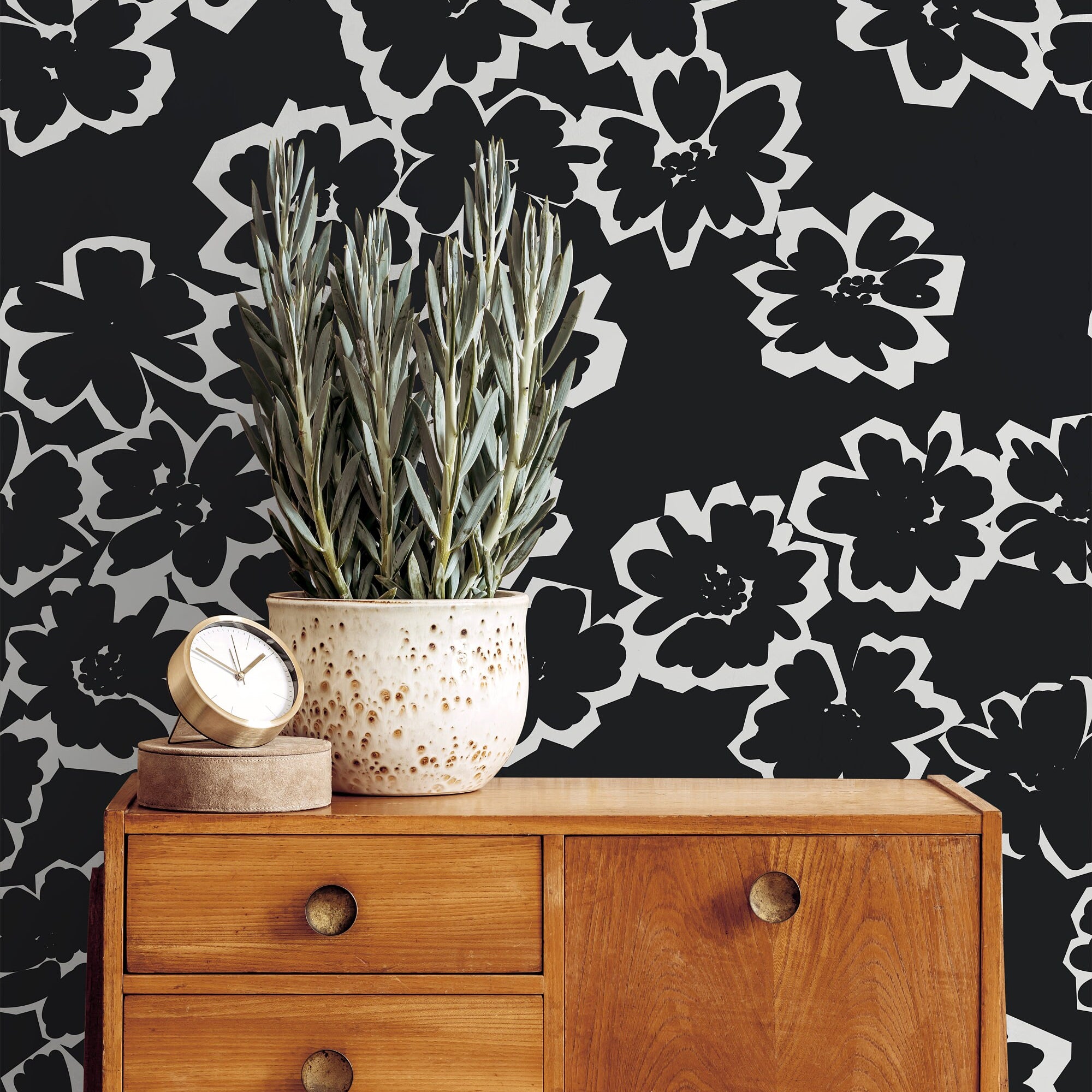 Removable Wallpaper Black White Drawn Floral Abstract Wallpaper | Peel And Stick Wallpaper | Adhesive Wallpaper | Wallpaper Peel Stick 1171a
