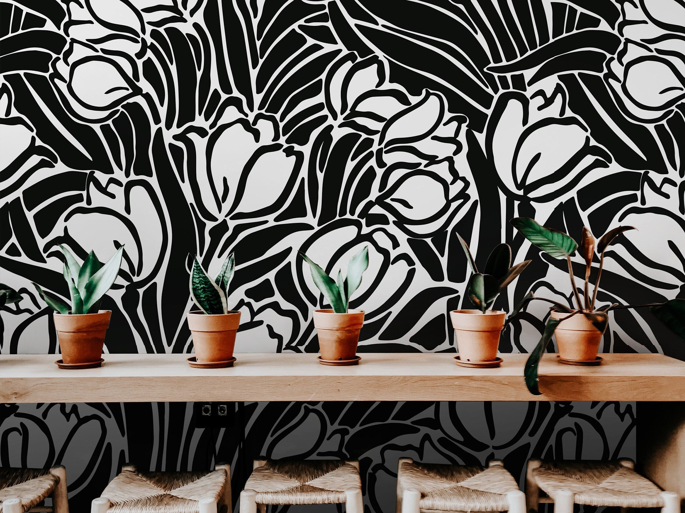 Removable Wallpaper Black White Large Floral Abstract Wallpaper | Peel And Stick Wallpaper | Adhesive Wallpaper | Wallpaper Peel Stick 1156a