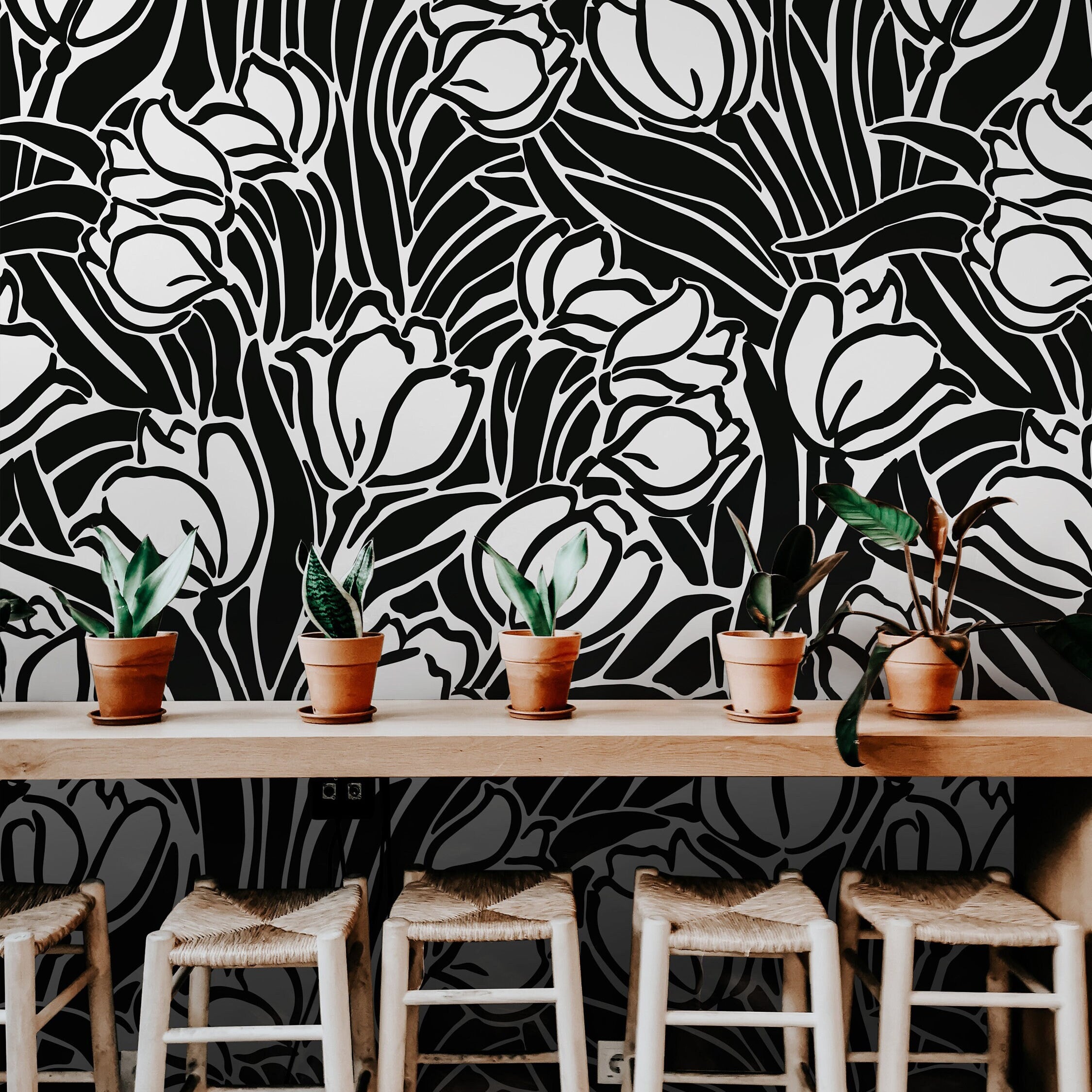 Removable Wallpaper Black White Large Floral Abstract Wallpaper | Peel And Stick Wallpaper | Adhesive Wallpaper | Wallpaper Peel Stick 1156a