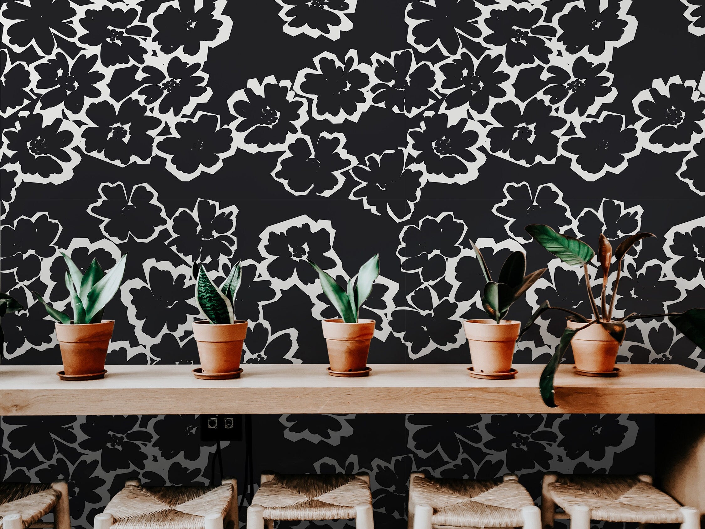Removable Wallpaper Black White Drawn Floral Abstract Wallpaper | Peel And Stick Wallpaper | Adhesive Wallpaper | Wallpaper Peel Stick 1171a