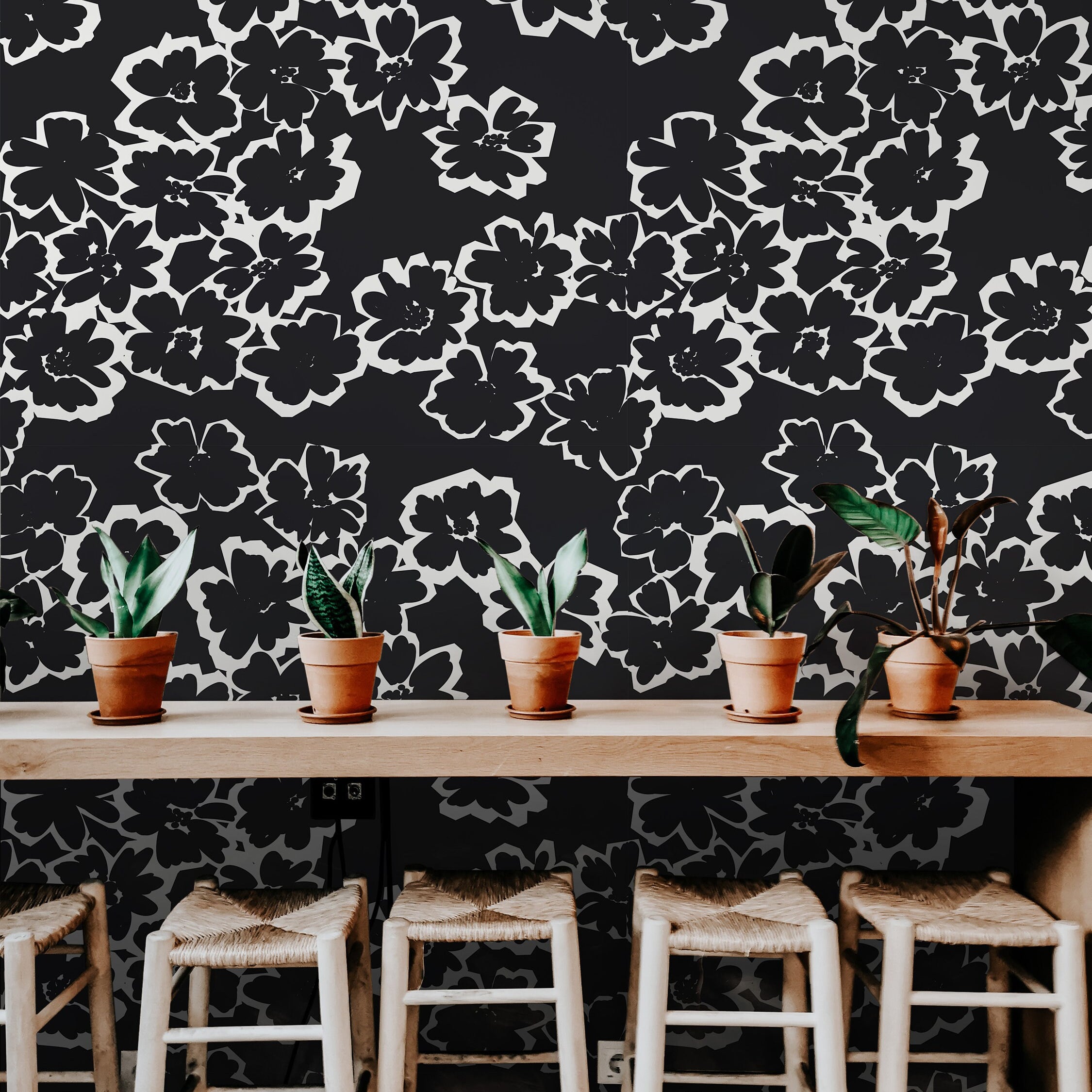 Removable Wallpaper Black White Drawn Floral Abstract Wallpaper | Peel And Stick Wallpaper | Adhesive Wallpaper | Wallpaper Peel Stick 1171a
