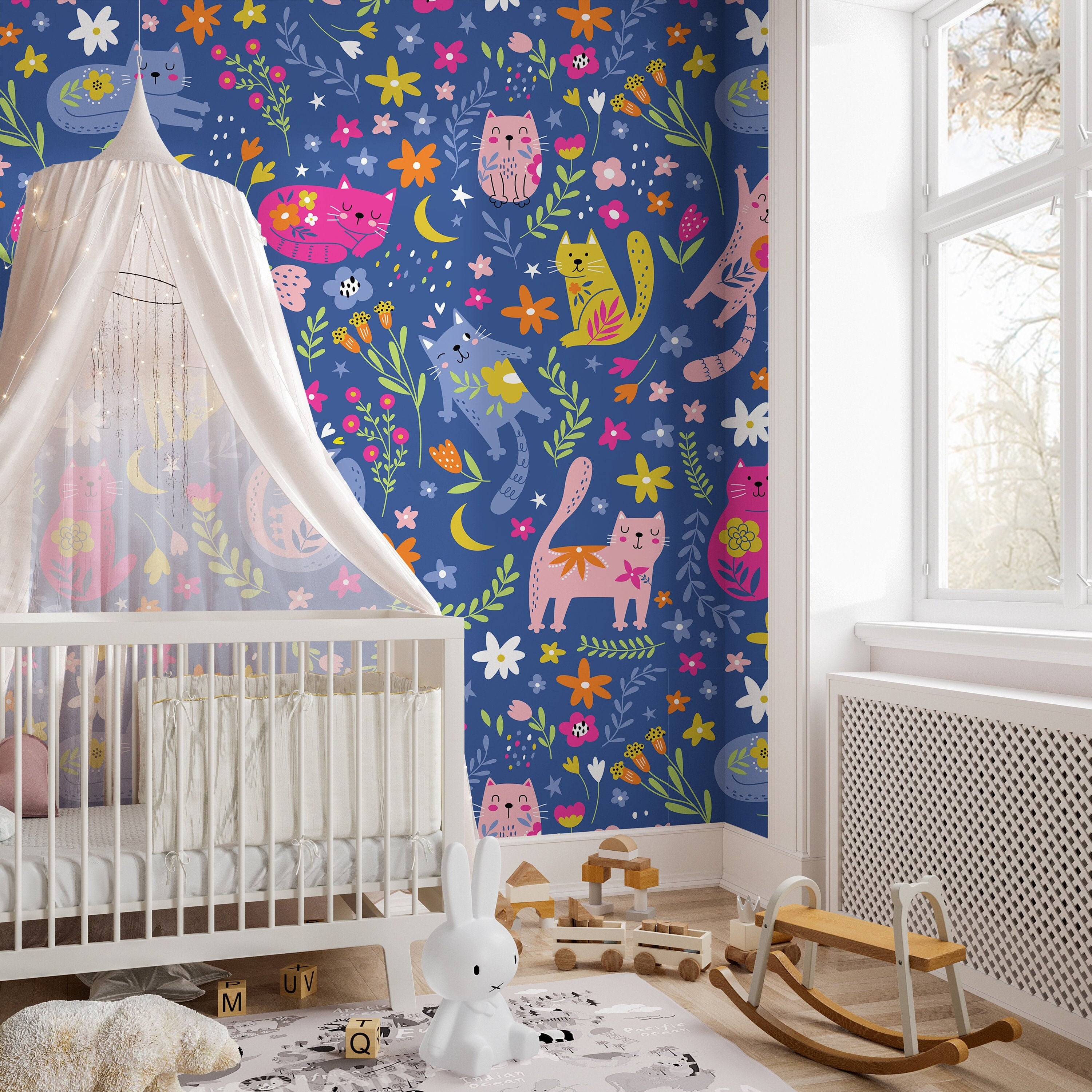 Cozy Cats Pink and Blue Wallpaper | Girls Nursery Wallpaper | Kids Wallpaper | Childrens Wallpaper | Peel Stick Removable Wallpaper | 1264 - James And Colors