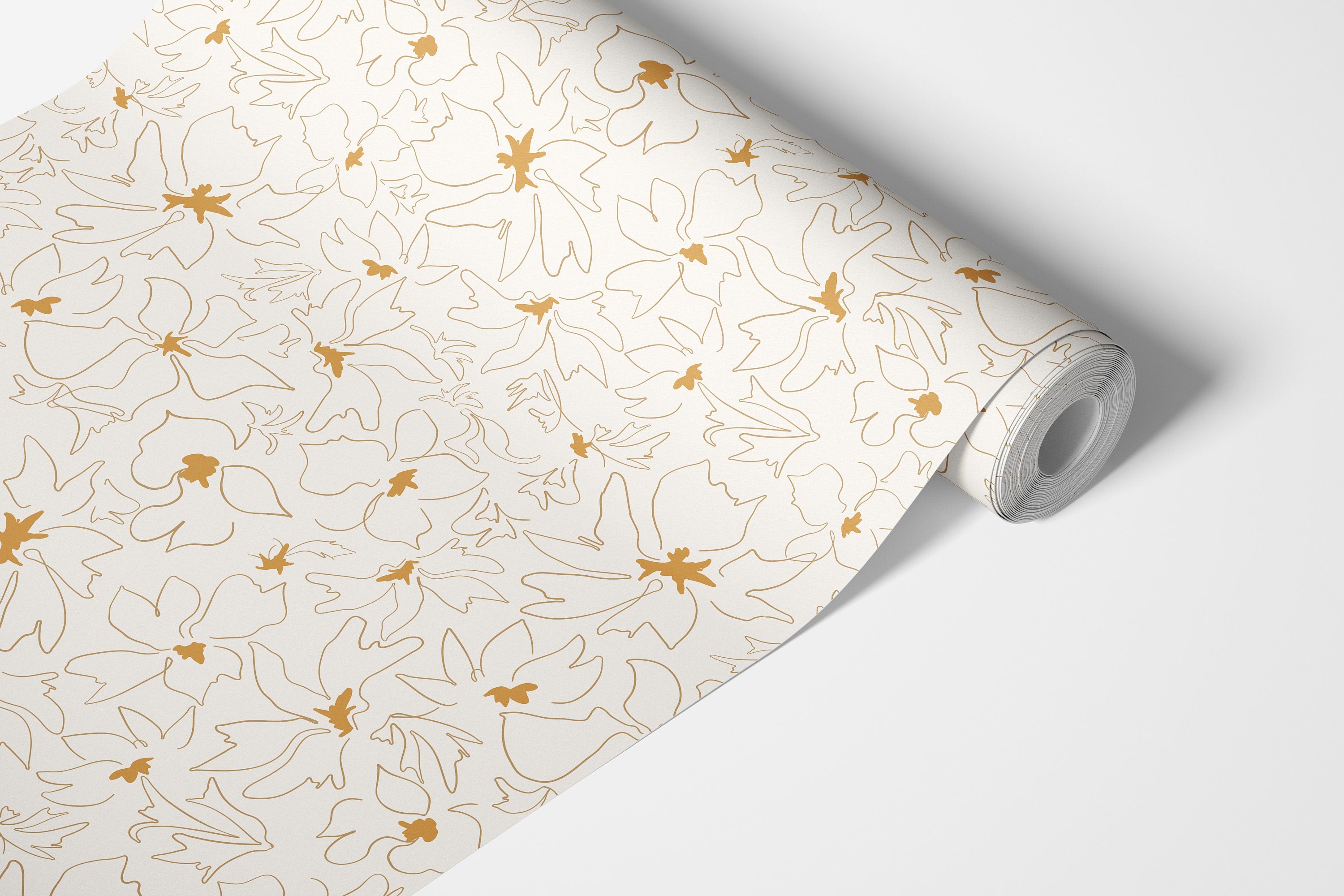 Contact Paper 1803: Minimalist floral line-art contact paper with delicate golden botanical outlines on a neutral background, perfect for modern decor.