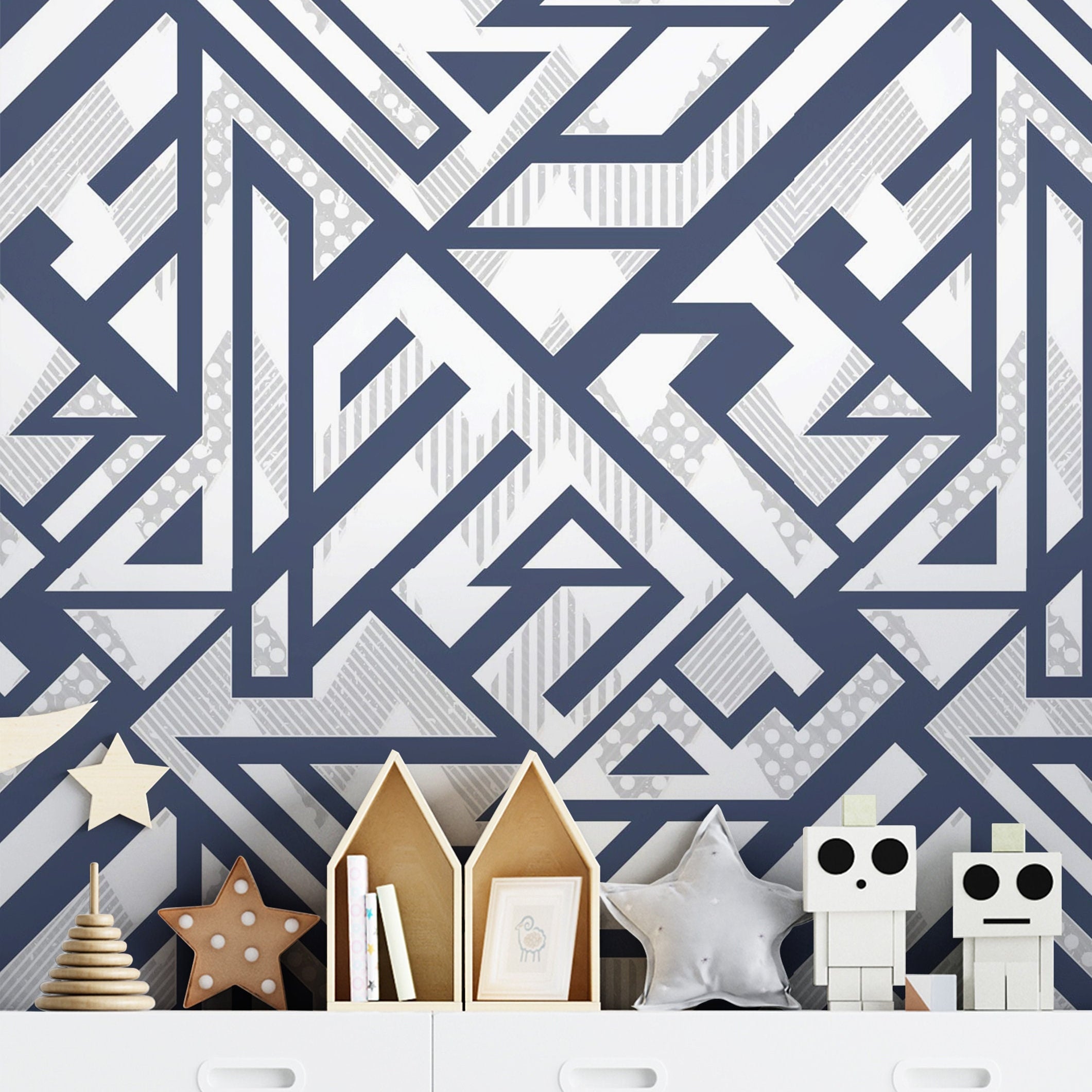 Removable Blue Geometric Wallpaper | Boys Nursery Wallpaper | Kids Wallpaper | Childrens Wallpaper | Peel Stick Wallpaper | Boys Room | 1263 - James And Colors