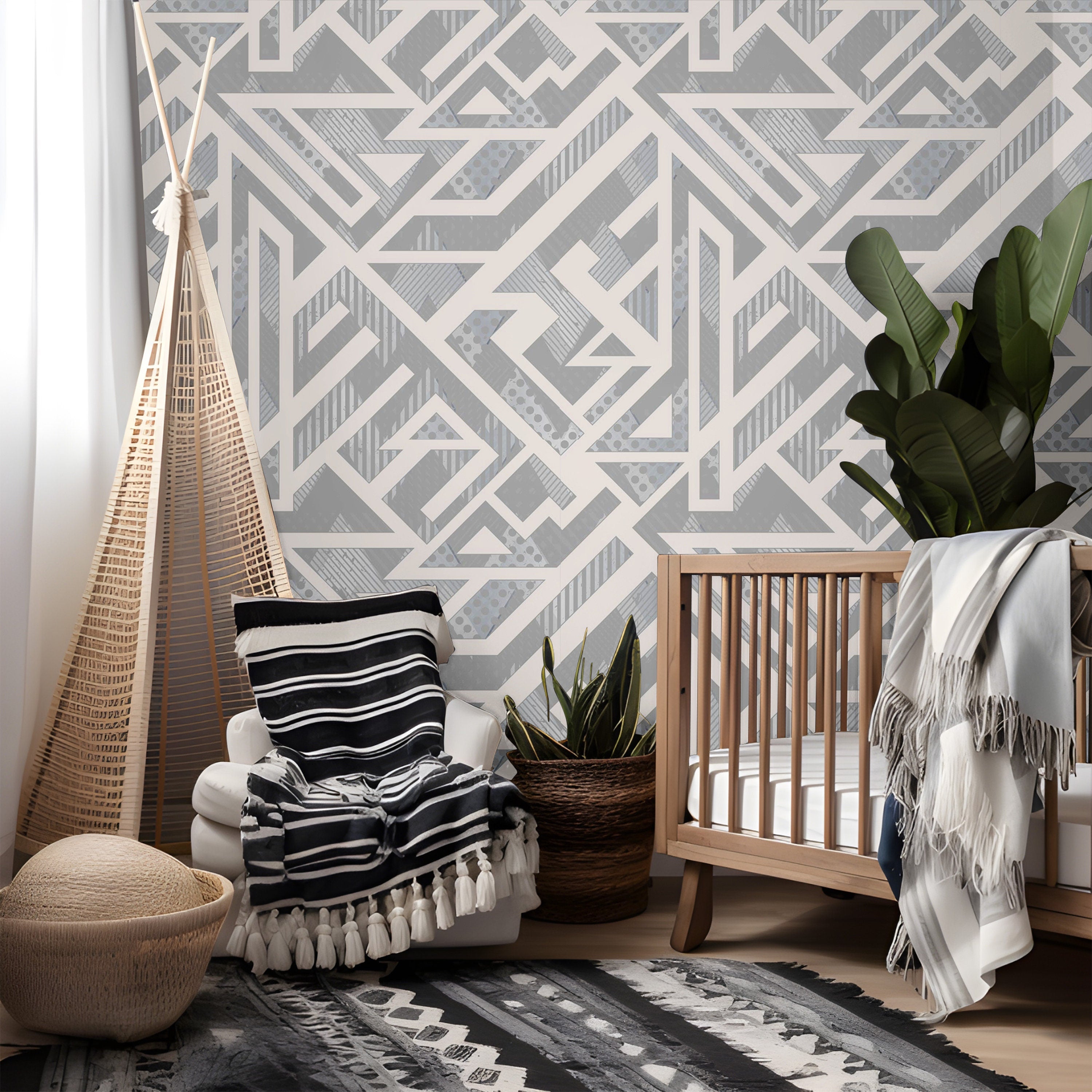 Removable Gray Geometric Wallpaper | Boys Nursery Wallpaper | Kids Wallpaper | Childrens Wallpaper | Peel Stick Wallpaper | Boys Room | 1302 - James And Colors