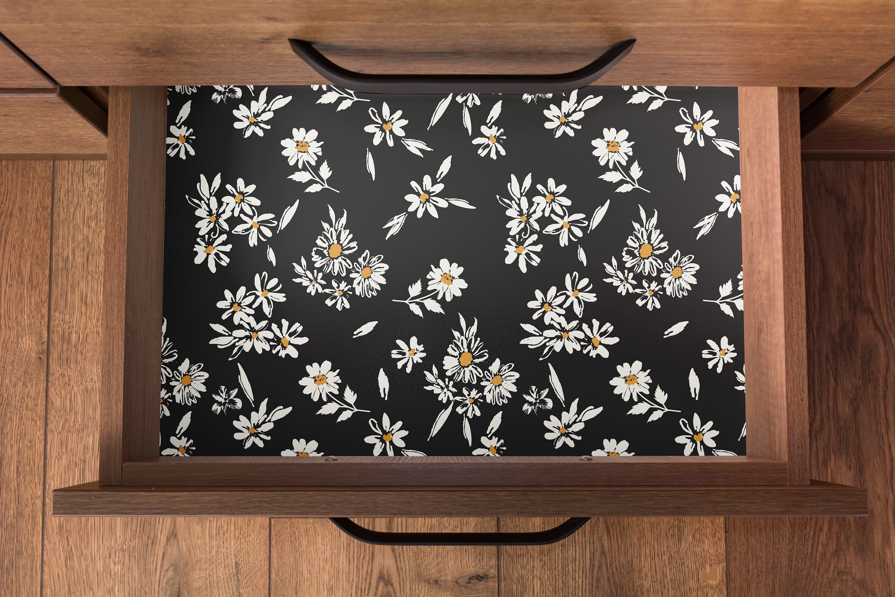 Black White Golden Yellow Floral Kitchen Contact Paper | Removable Peel and Stick Paper | Shelf Liner | Drawer Liner | Peel Stick Paper 1786