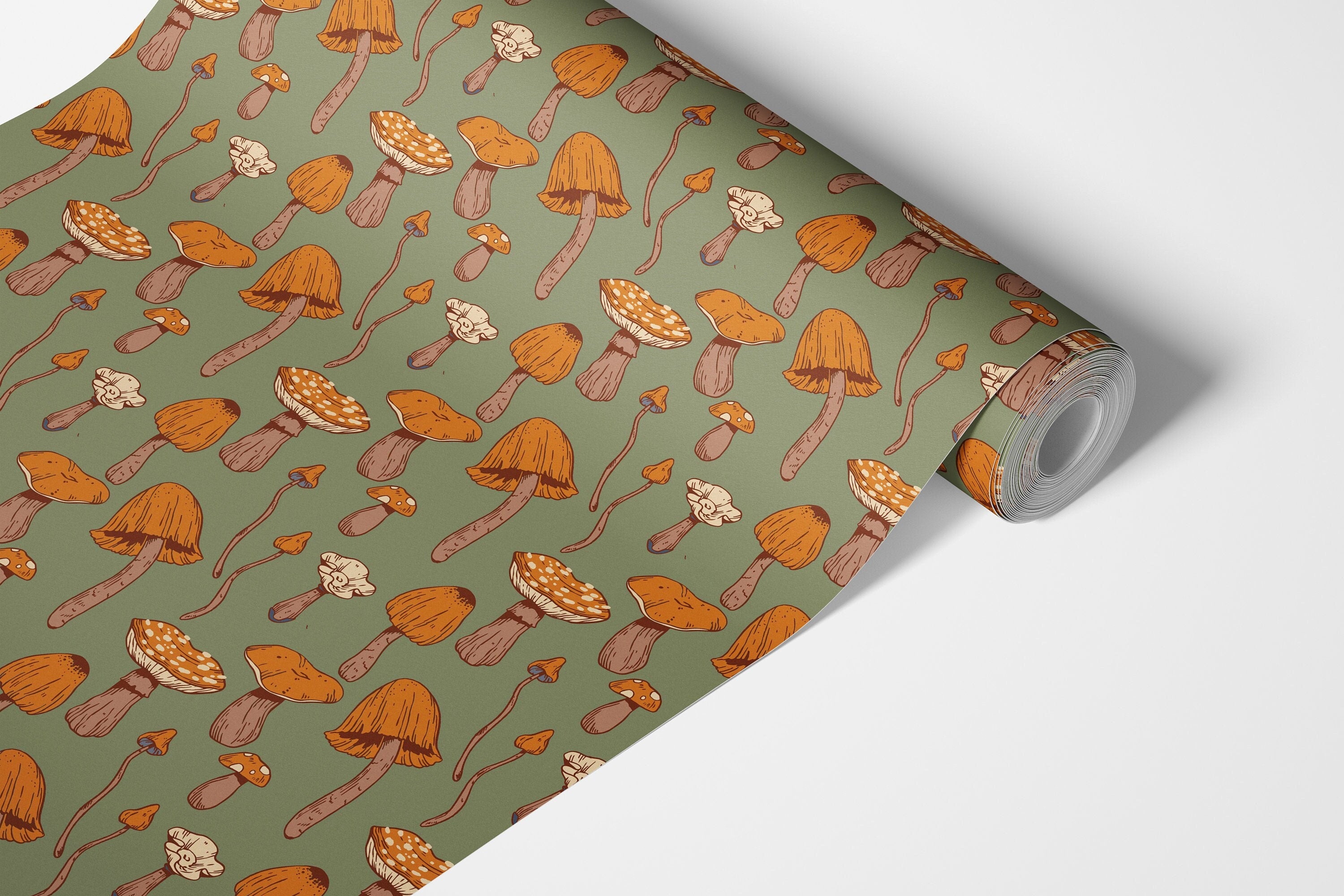 Contact paper 1798: A whimsical mushroom contact paper featuring hand-drawn fungi in earthy orange and brown tones on a muted green background, perfect for cottagecore and woodland-inspired decor.