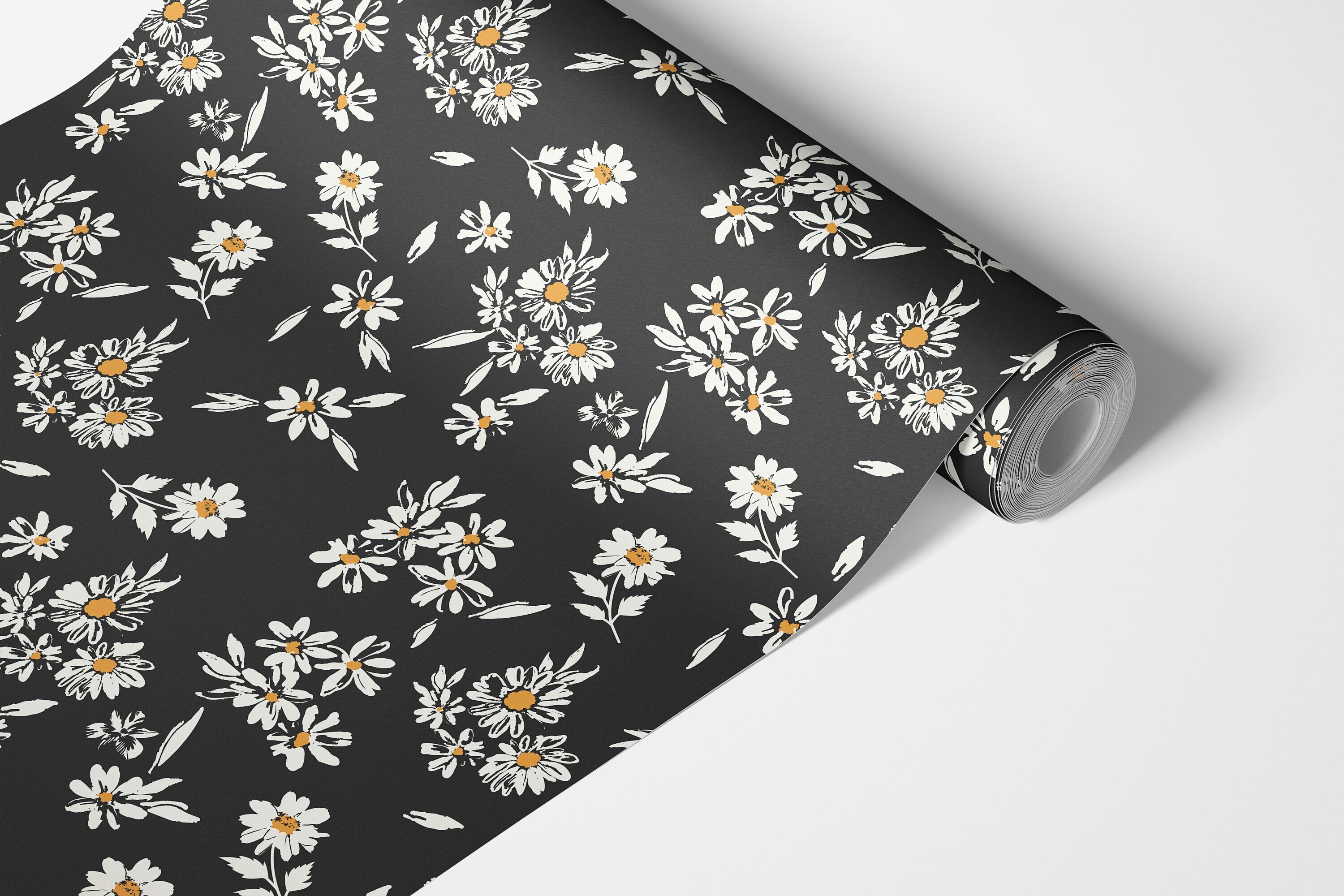 Black White Golden Yellow Floral Kitchen Contact Paper | Removable Peel and Stick Paper | Shelf Liner | Drawer Liner | Peel Stick Paper 1786