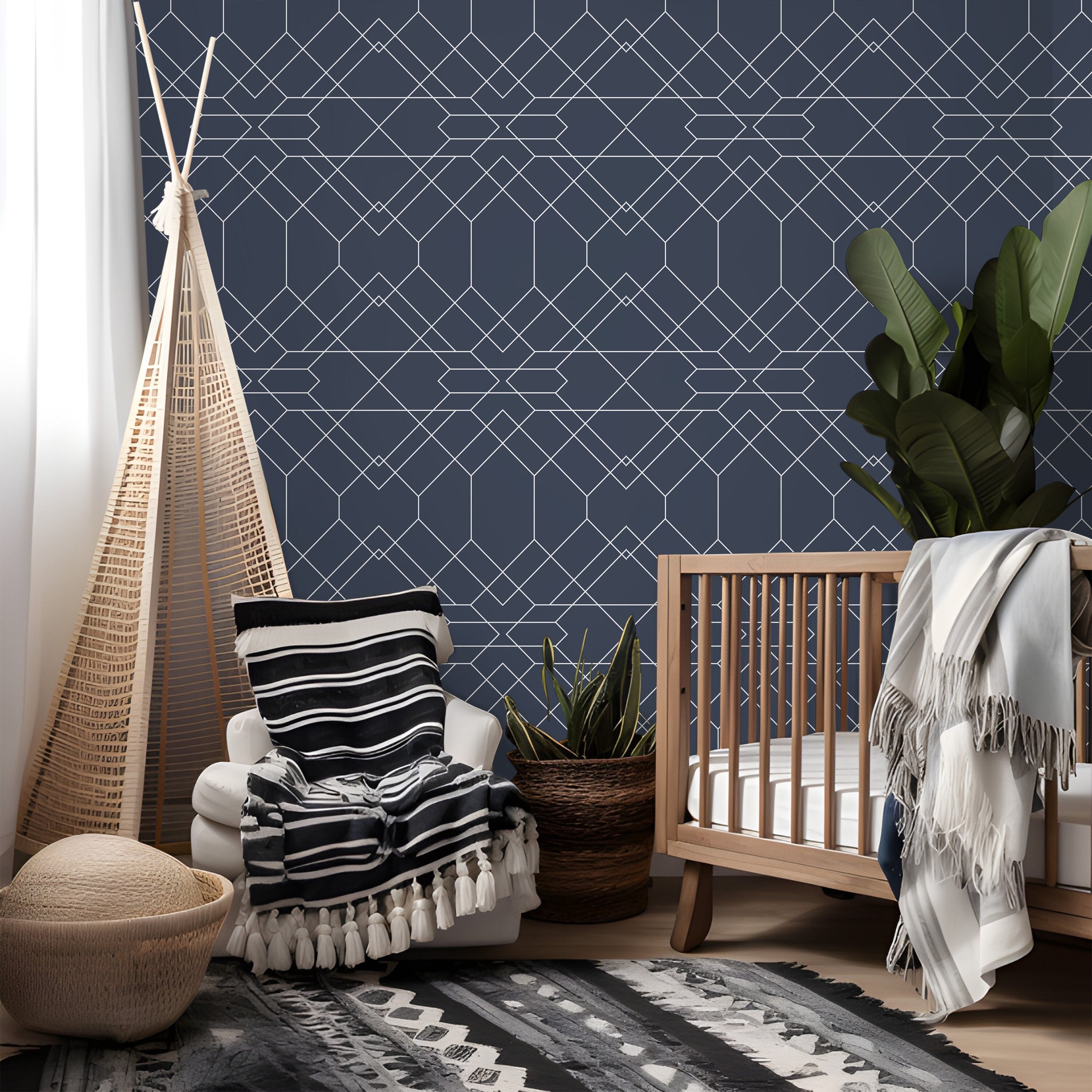 Removable Navy Geometric Wallpaper | Boys Nursery Wallpaper | Kids Wallpaper | Childrens Wallpaper | Peel Stick Wallpaper | Boys Room | 1303 - James And Colors