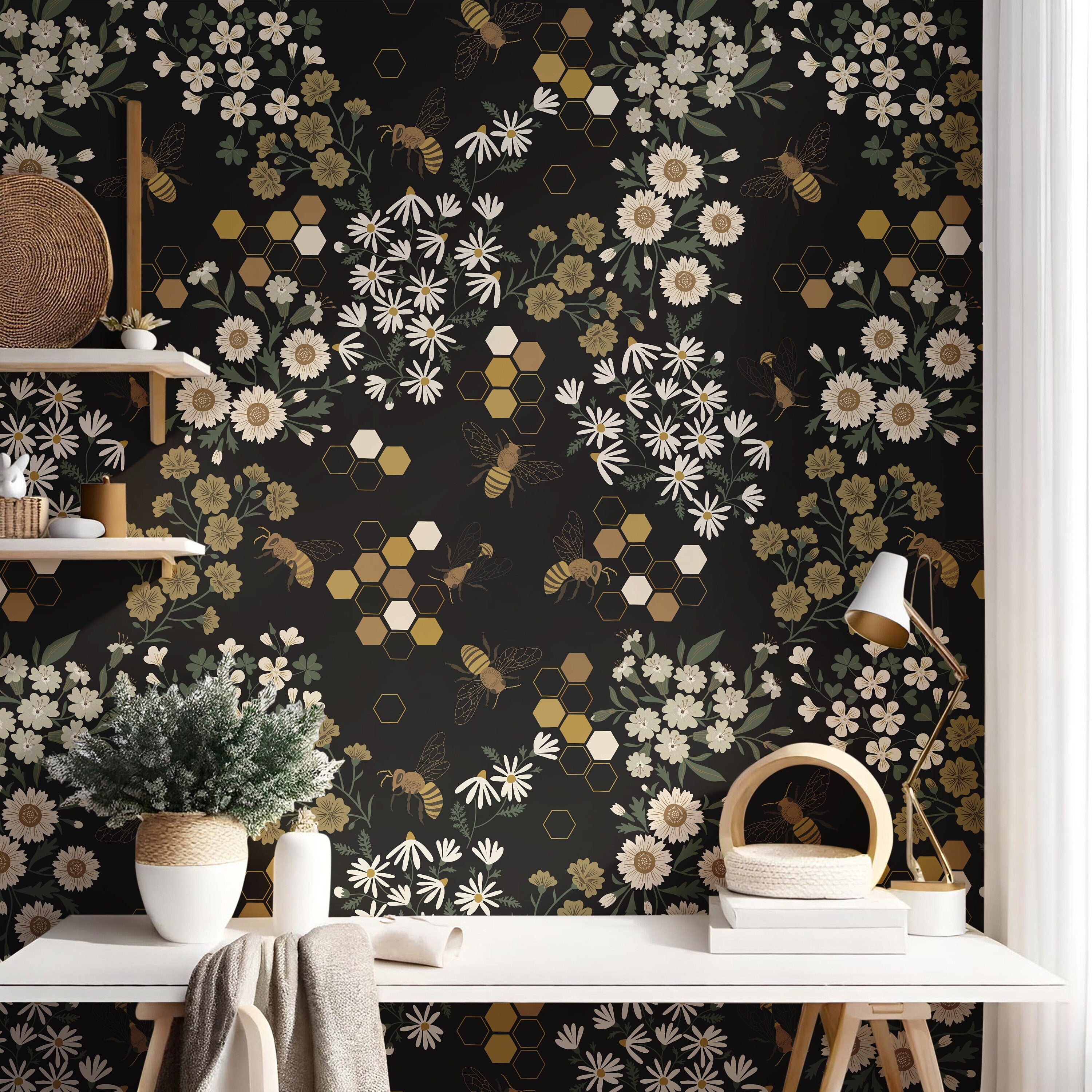 Wallpaper Peel and Stick Wallpaper Dark Golden and Cream Floral Bee Black Removable Wallpaper Wall Decor Home Decor Wall Art Room Decor 1247