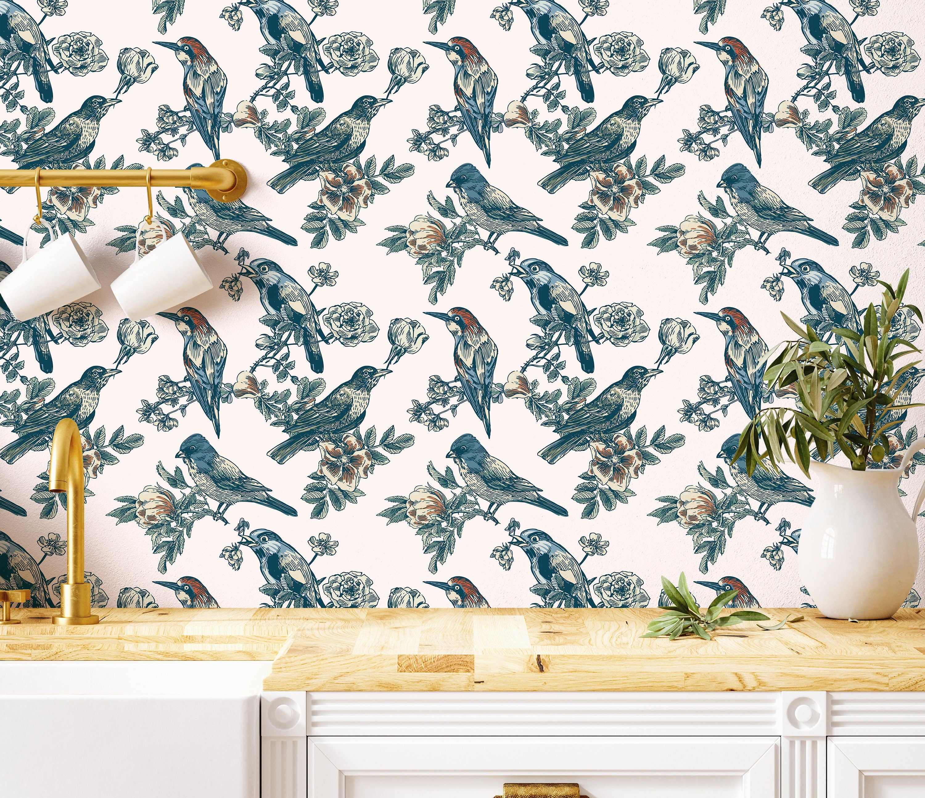 Wallpaper Peel and Stick Wallpaper Detailed Muted Botanical and Birds Removable Wallpaper Wall Decor Home Decor Wall Art Room Decor 1343 - James And Colors