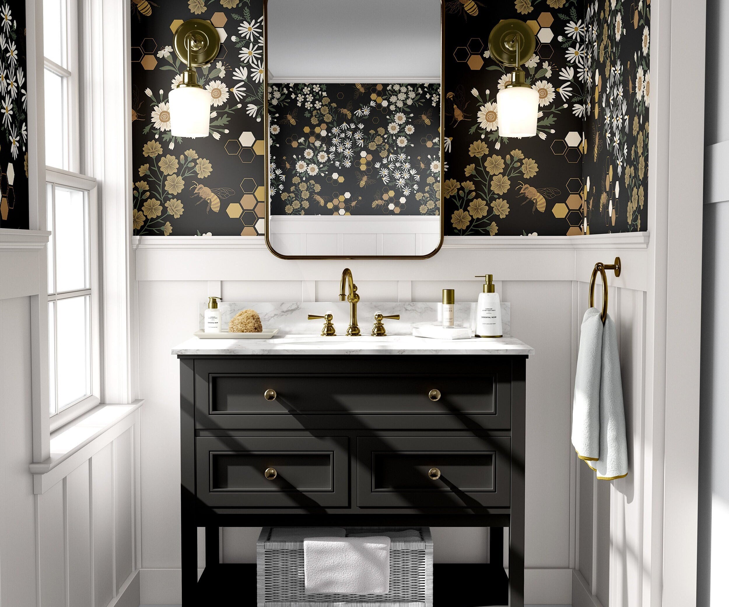 Wallpaper Peel and Stick Wallpaper Dark Golden and Cream Floral Bee Black Removable Wallpaper Wall Decor Home Decor Wall Art Room Decor 1247
