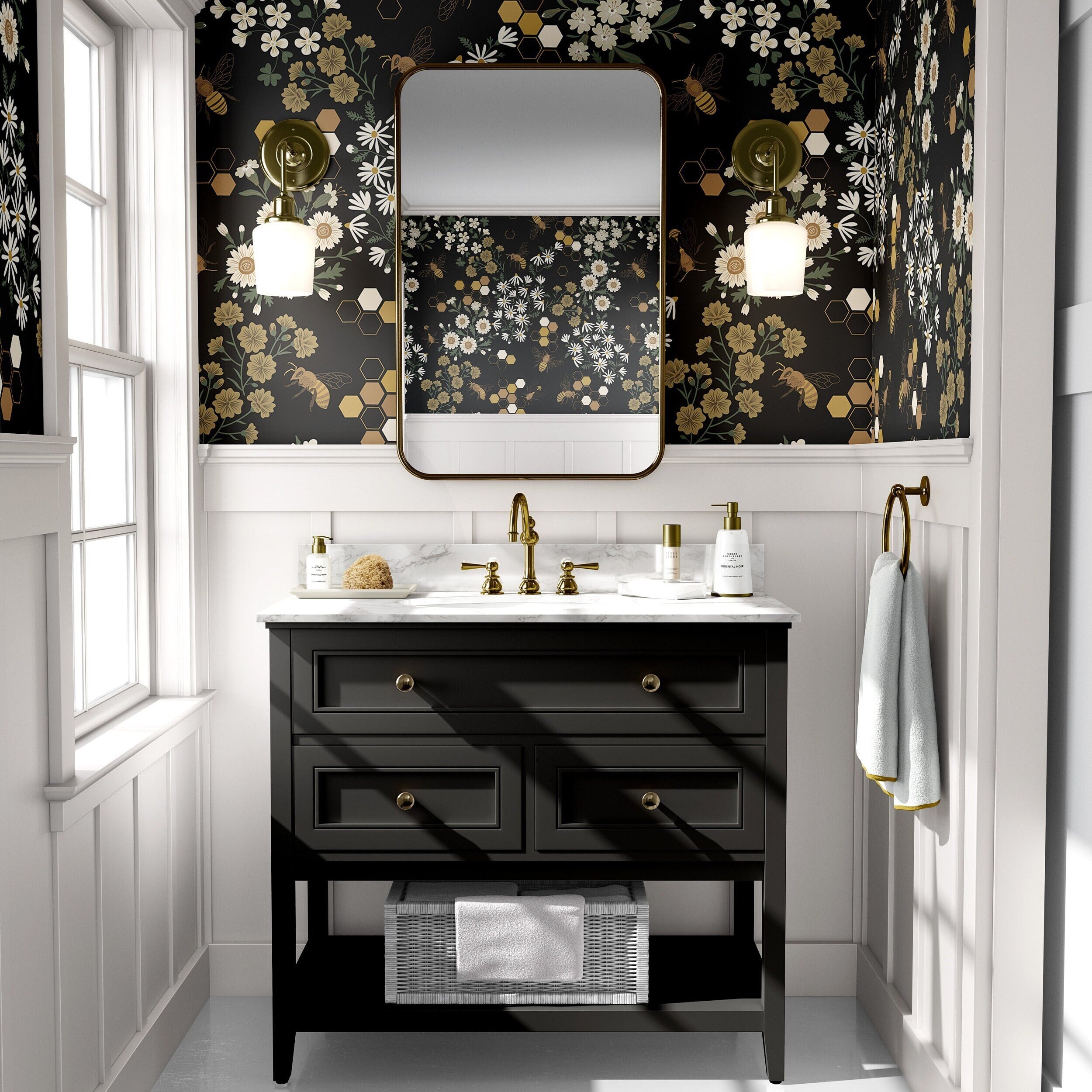 Wallpaper Peel and Stick Wallpaper Dark Golden and Cream Floral Bee Black Removable Wallpaper Wall Decor Home Decor Wall Art Room Decor 1247