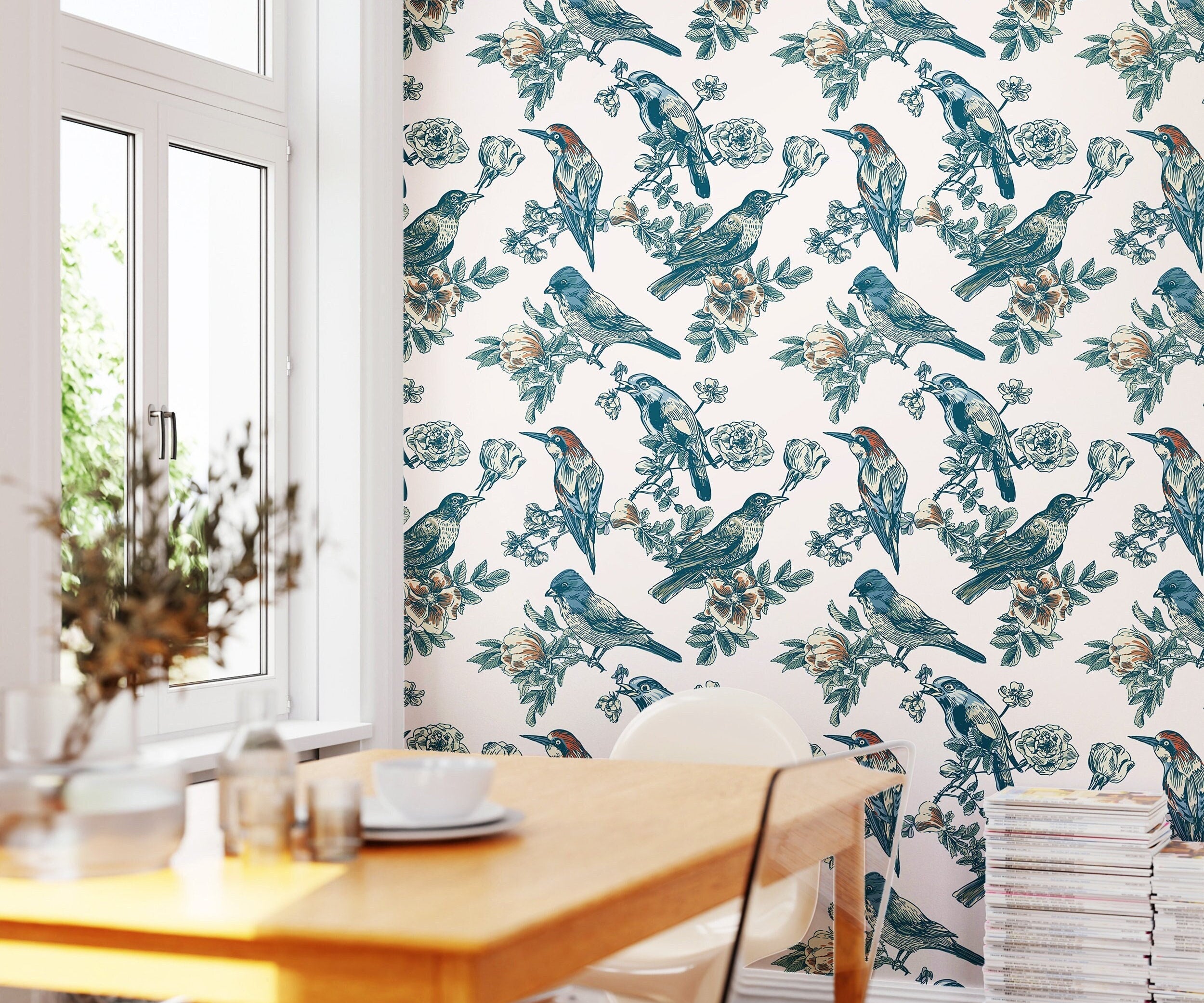 Wallpaper Peel and Stick Wallpaper Detailed Muted Botanical and Birds Removable Wallpaper Wall Decor Home Decor Wall Art Room Decor 1343 - James And Colors