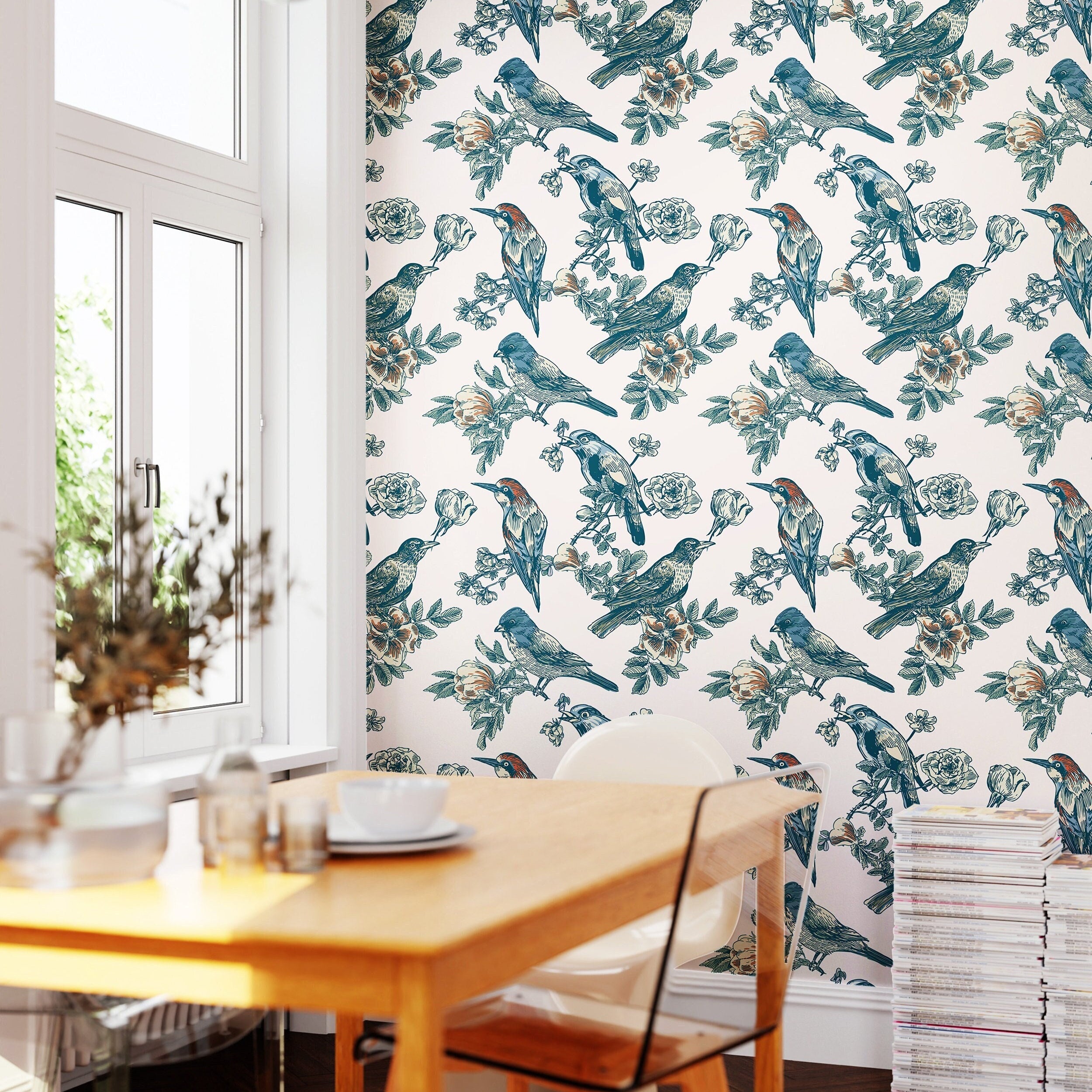Wallpaper Peel and Stick Wallpaper Detailed Muted Botanical and Birds Removable Wallpaper Wall Decor Home Decor Wall Art Room Decor 1343 - James And Colors