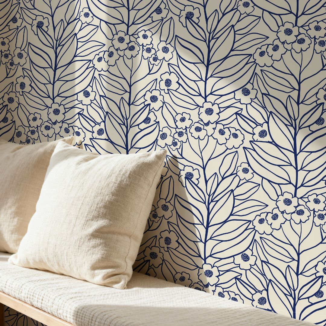 indigo botanical floral wallpaper with delicate wildflower linework