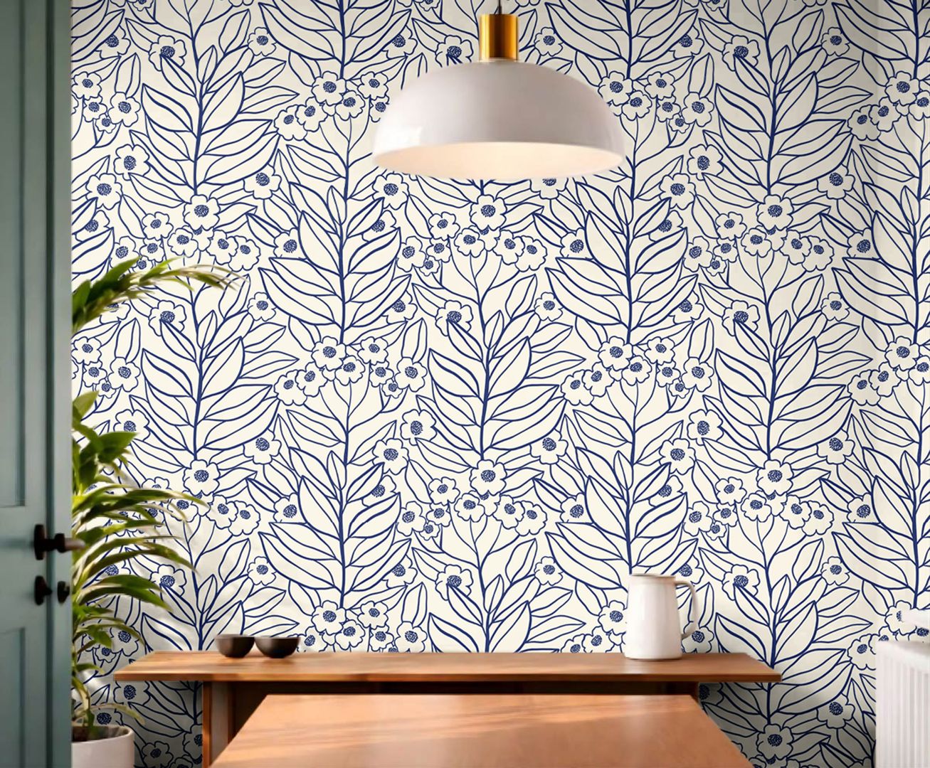 blue floral botanical wallpaper pattern with thin stems