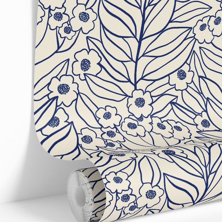 indigo wildflower line art wallpaper design