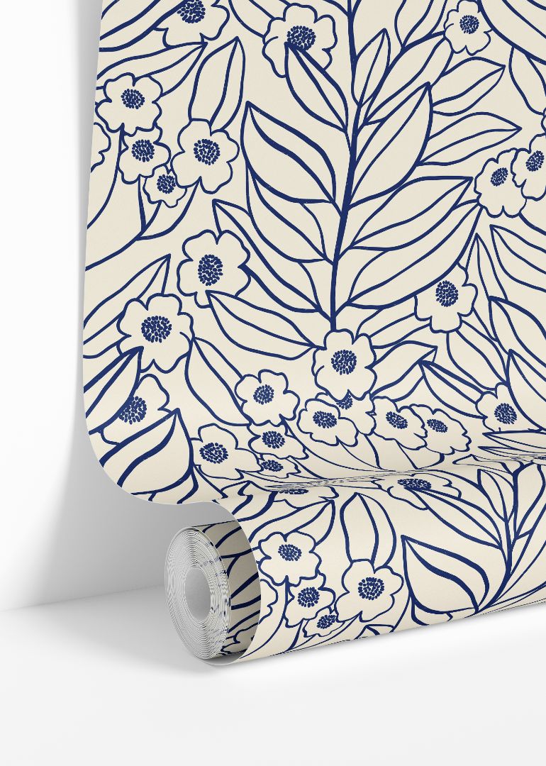 indigo wildflower line art wallpaper design