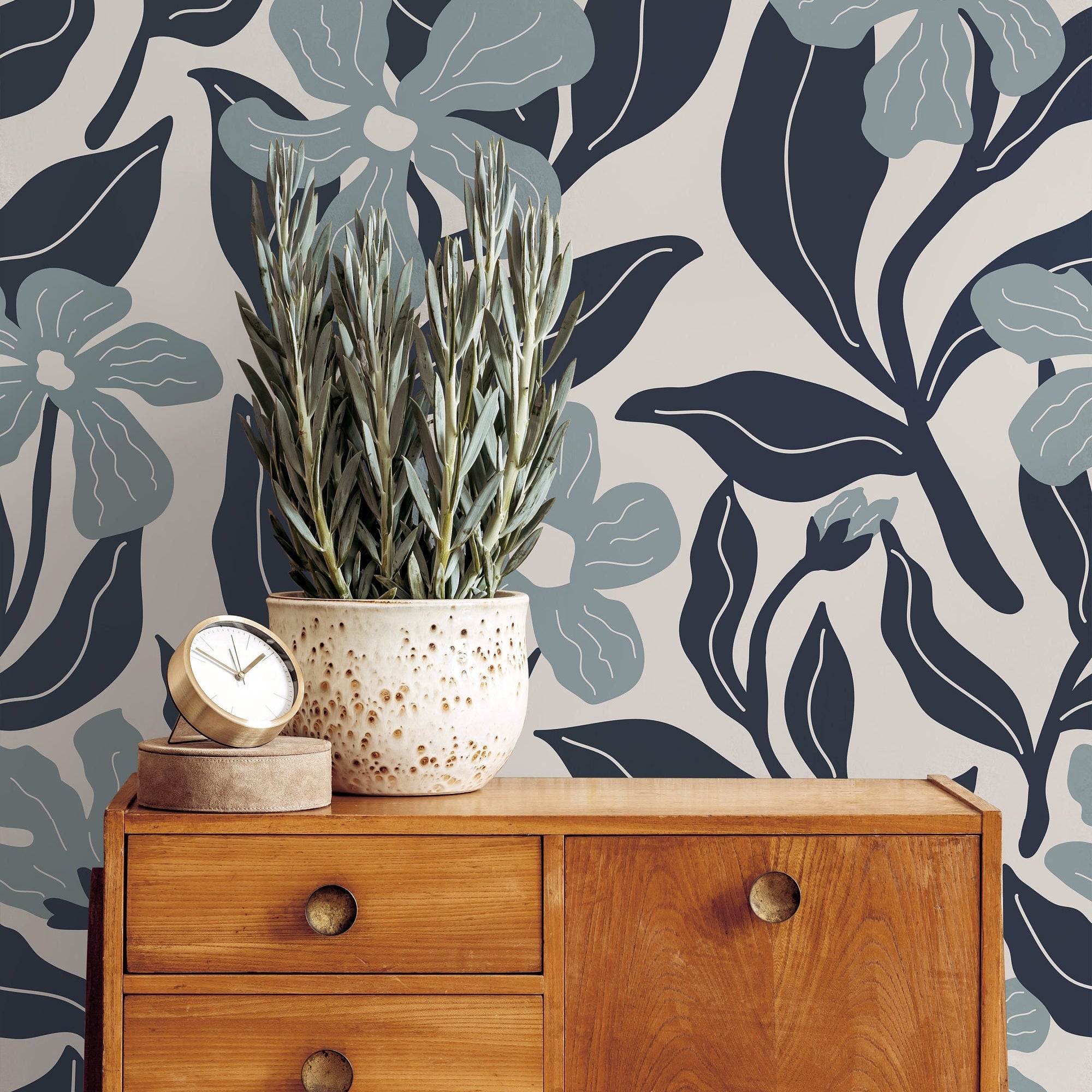 artistic botanical wallpaper 1133a in blue tones

