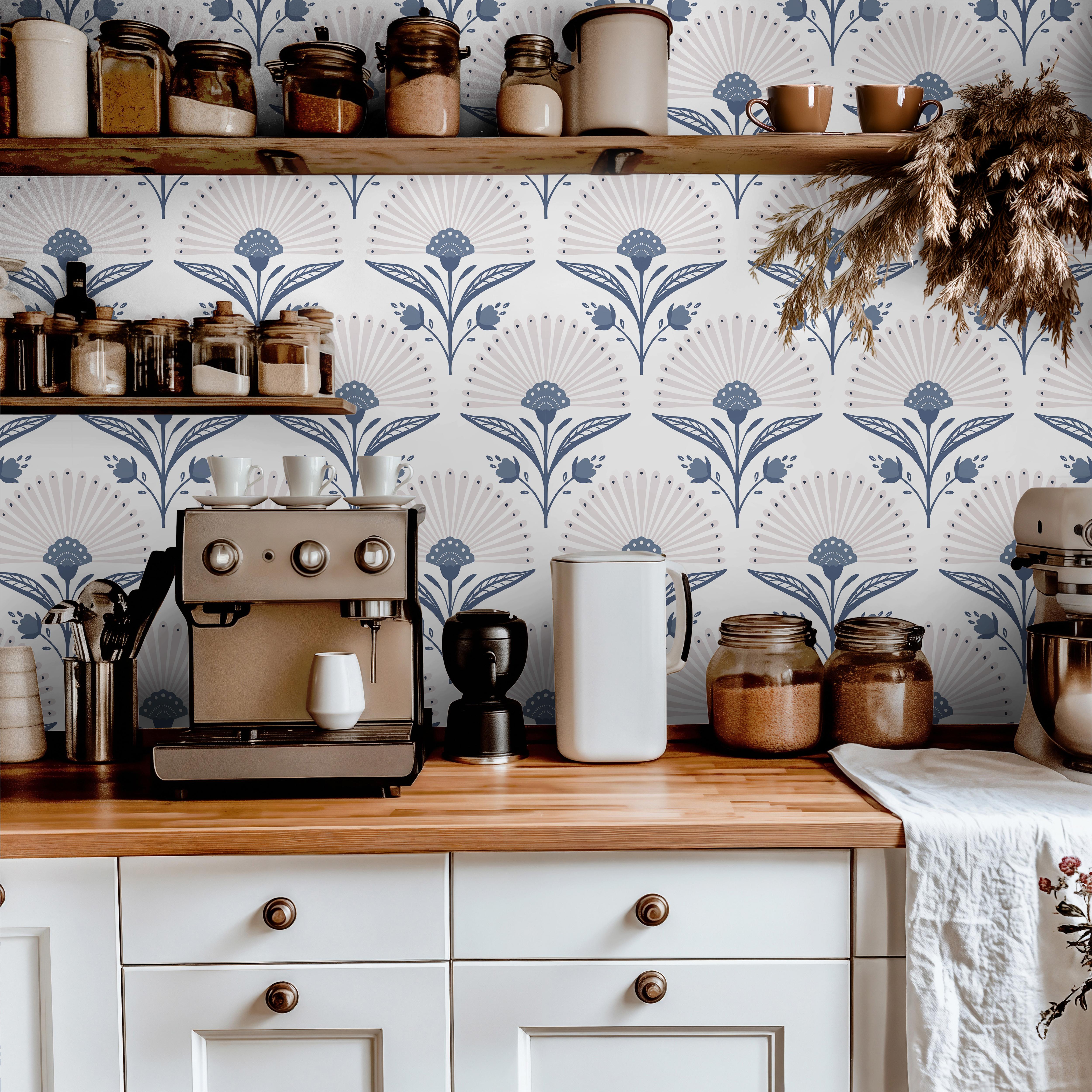 blue and white floral fan wallpaper kitchen 1632


