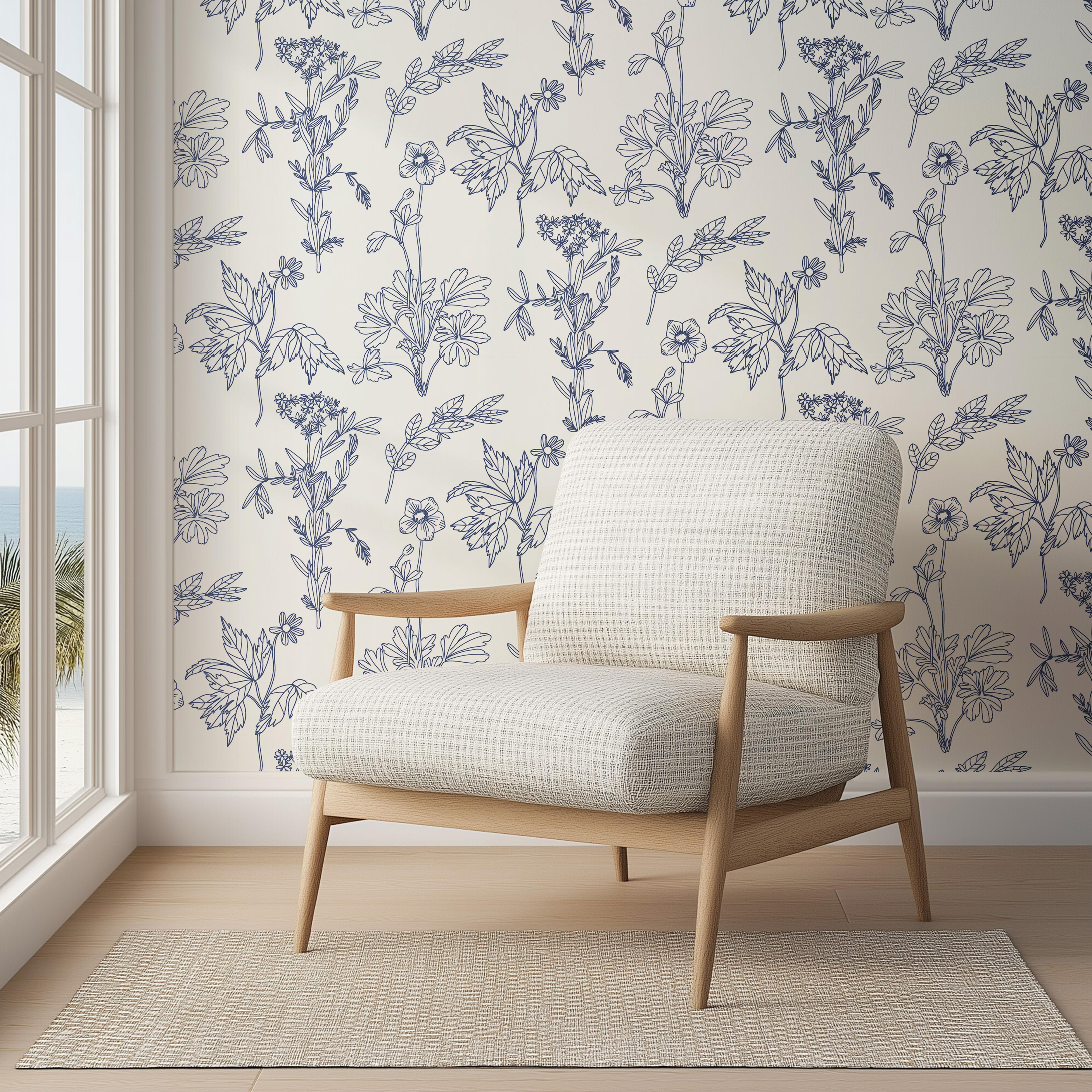 indigo herbarium wallpaper 660 in modern living room

