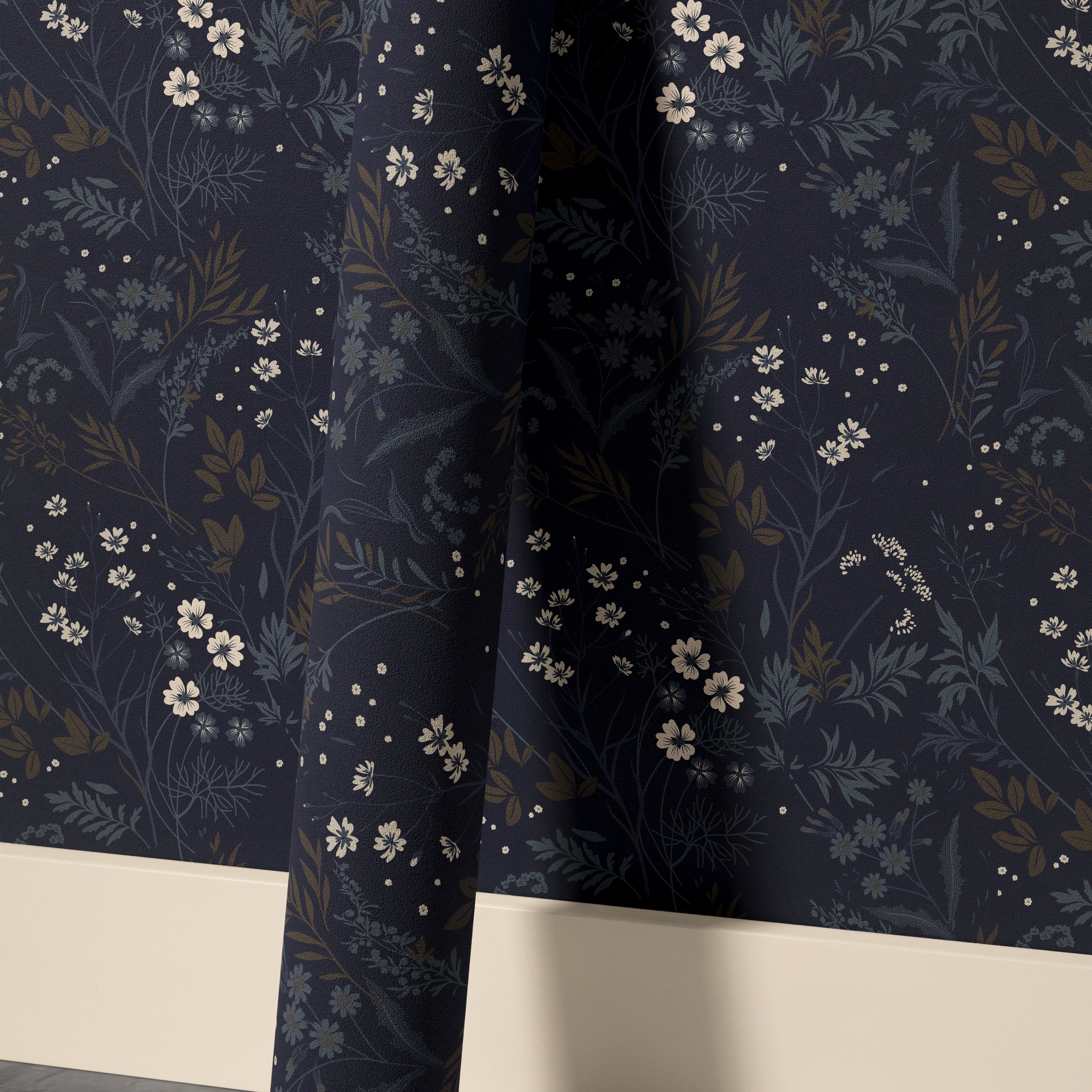 ink and elderflower 3552 dark botanical wallpaper roll standing against the matching wallpapered wall
