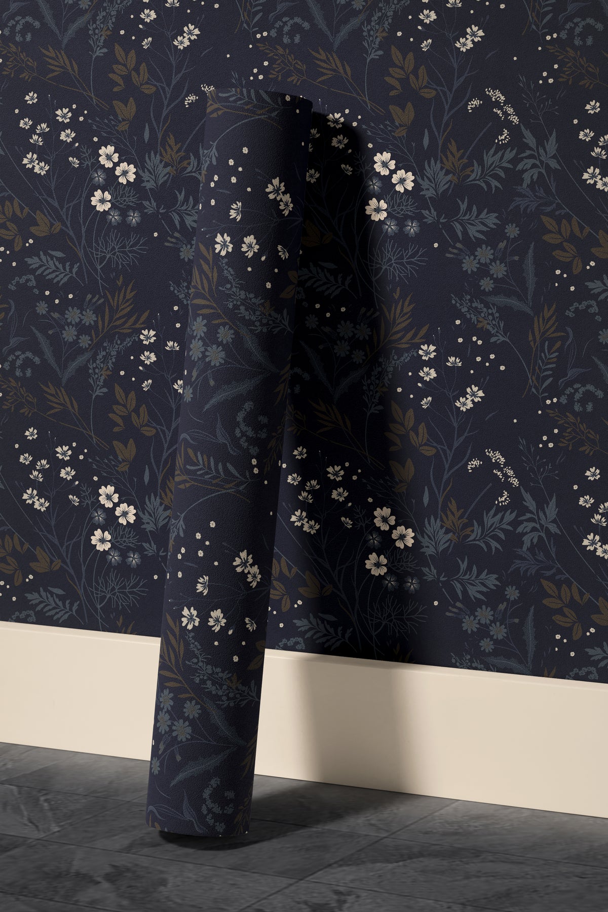ink and elderflower 3552 dark botanical wallpaper roll standing against the matching wallpapered wall