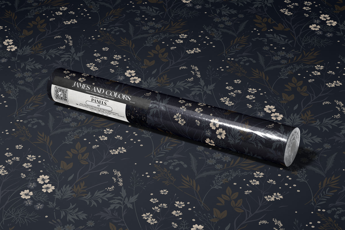 packaged ink and elderflower 3552 wallpaper roll resting on the matching dark wildflower pattern
