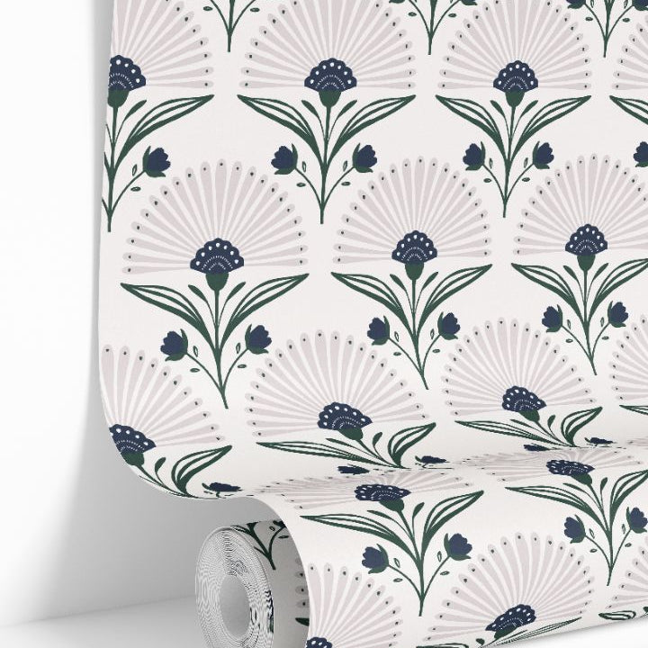 roll of inkshade fan indigo wallpaper with green stems blush fan petals and ivory background