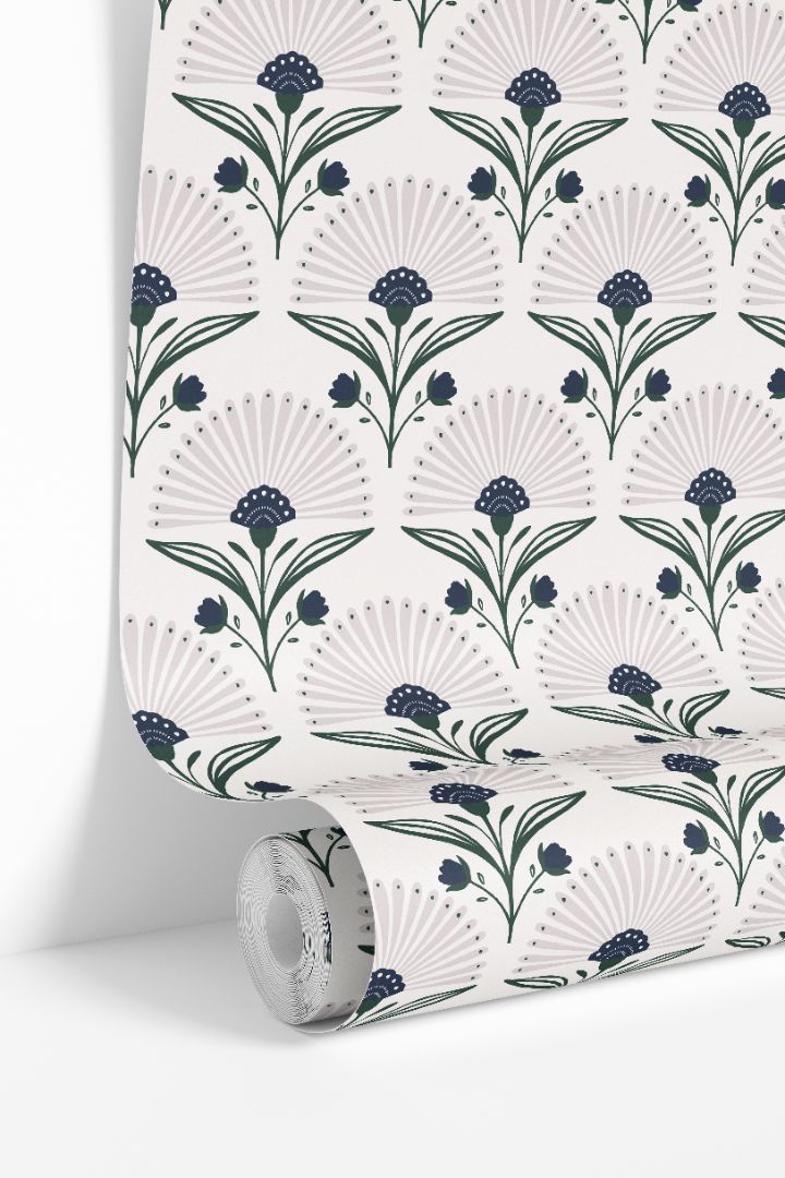 roll of inkshade fan indigo wallpaper with green stems blush fan petals and ivory background