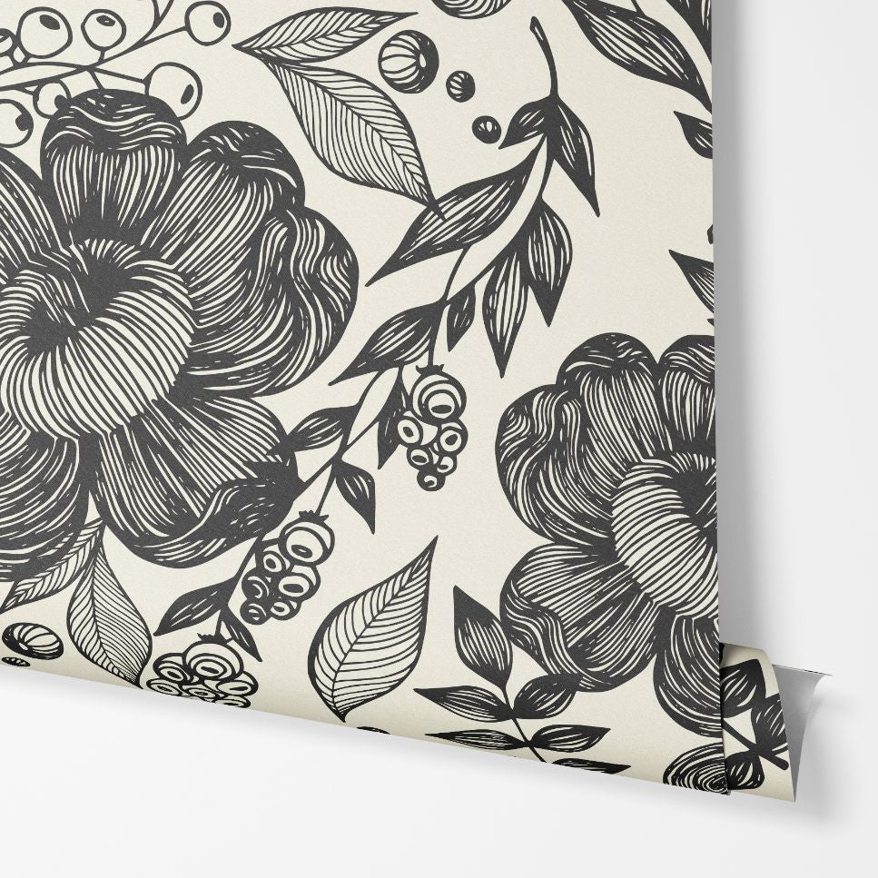 Close-up of Inkwell Botanica wallpaper showing detailed ink floral linework on warm ivory background
