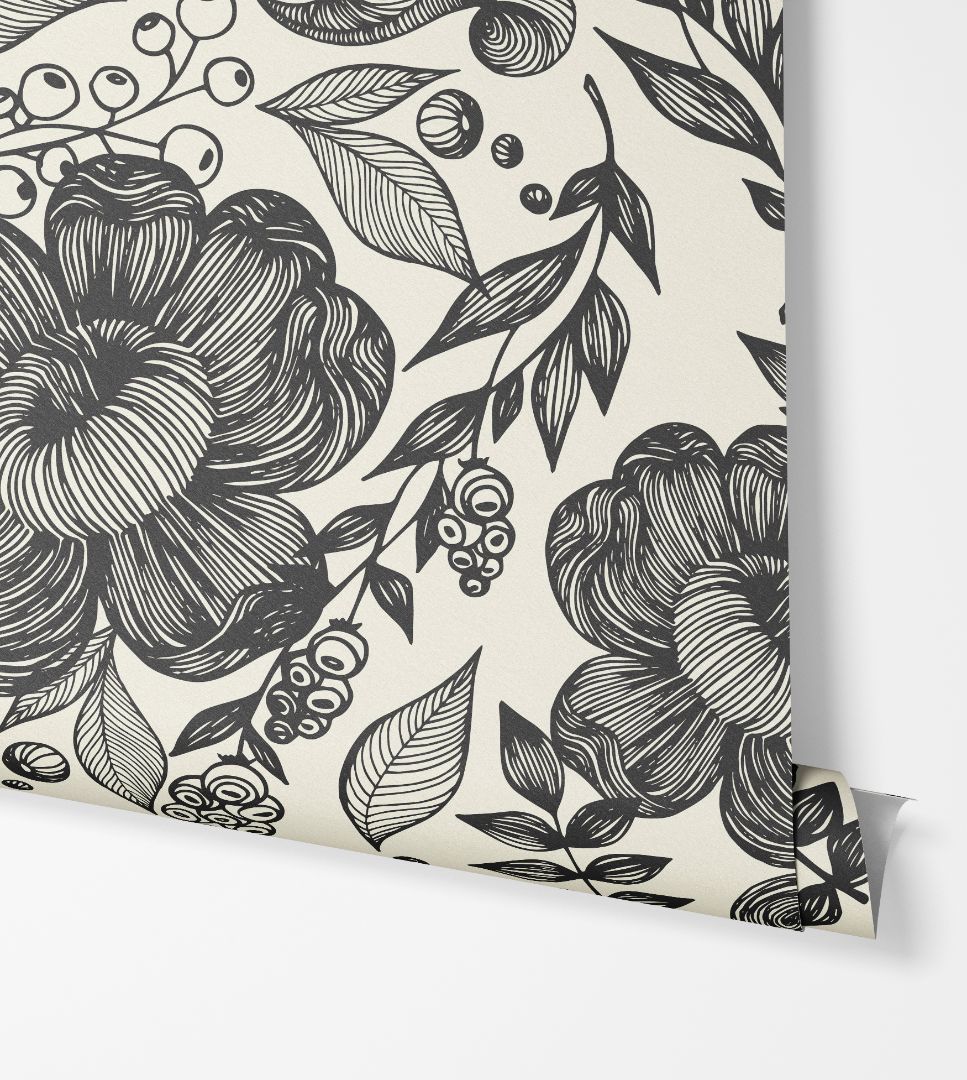 Close-up of Inkwell Botanica wallpaper showing detailed ink floral linework on warm ivory background