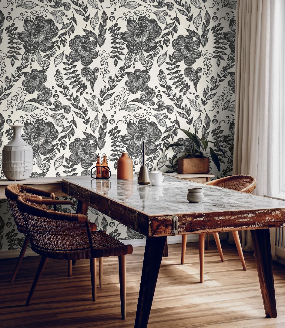 Inkwell Botanica black floral wallpaper in a modern dining room with marble table