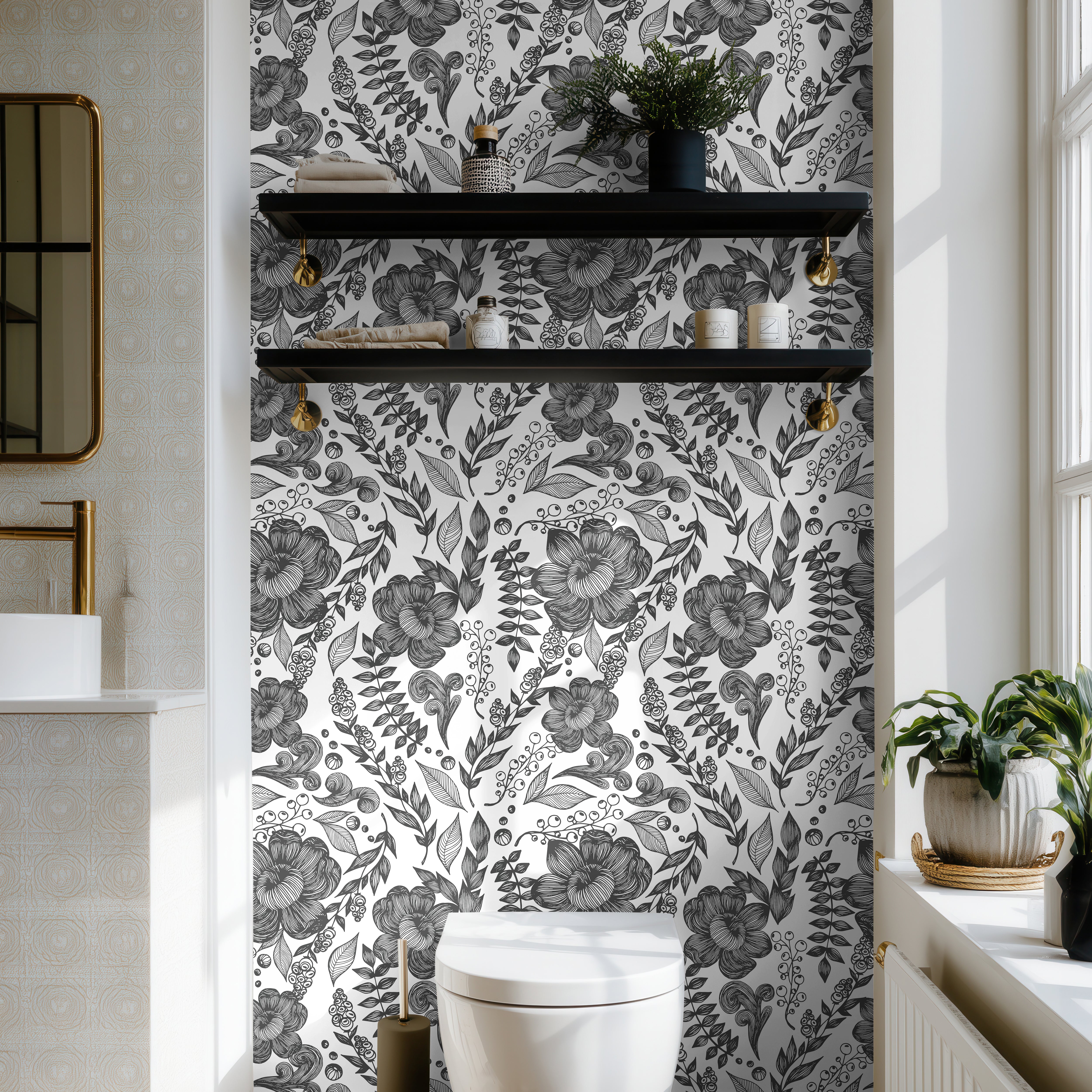 bold, black-and-white floral wallpaper inspired by hand-drawn botanical sketches