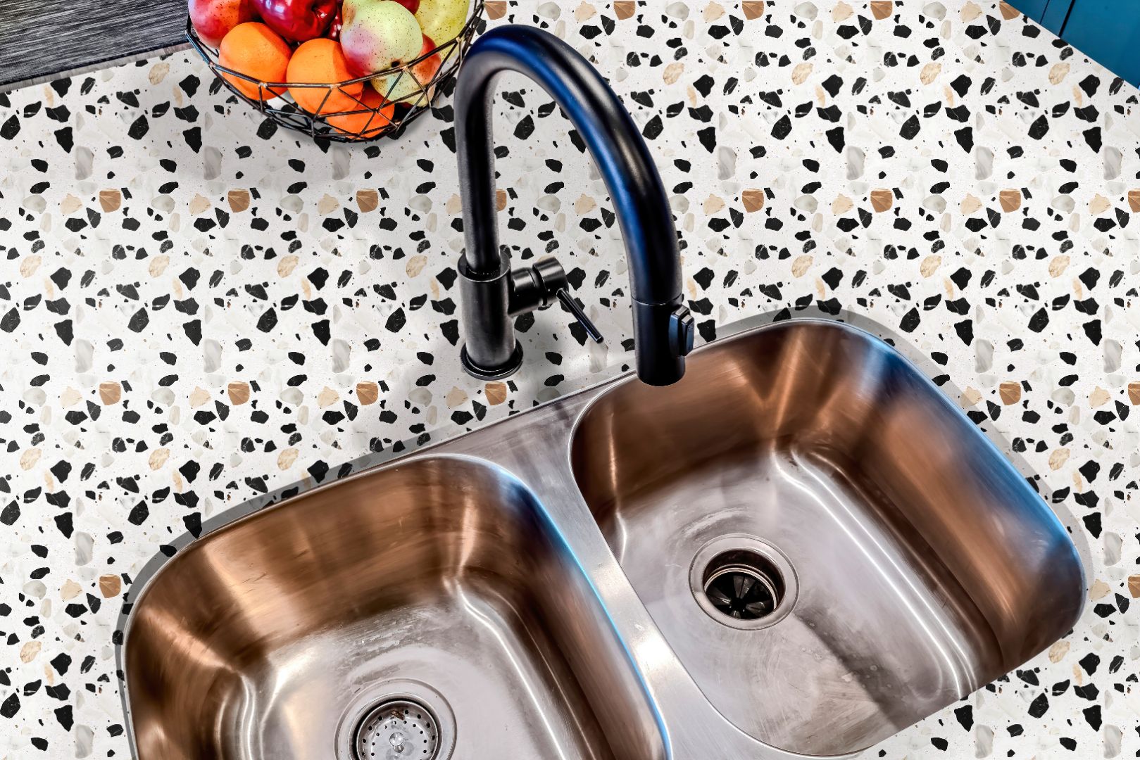 Ivory Atelier Terrazzo countertop film 106 installed on a kitchen counter with soft terrazzo texture