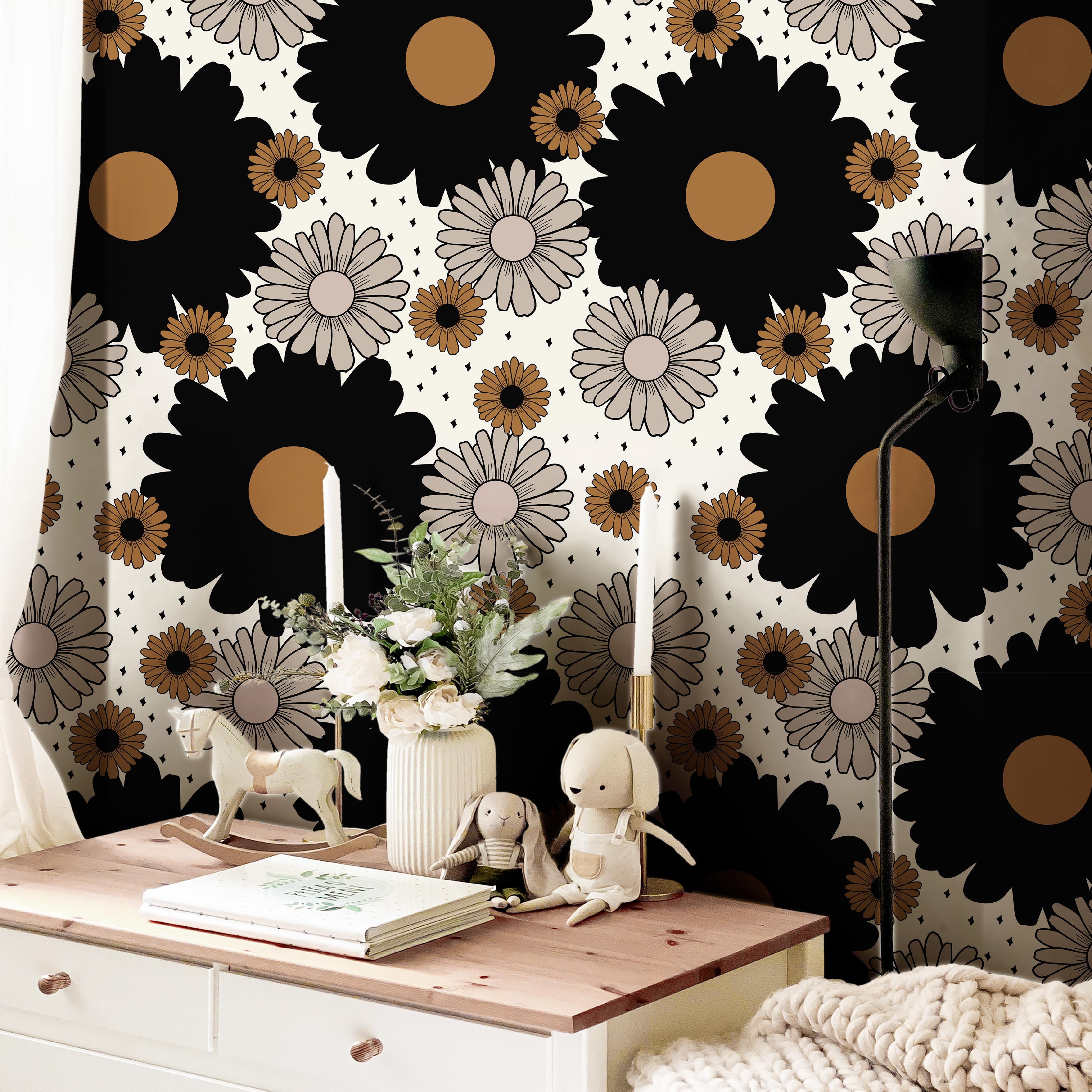 boho style wallpaper with bold daisy pattern 381