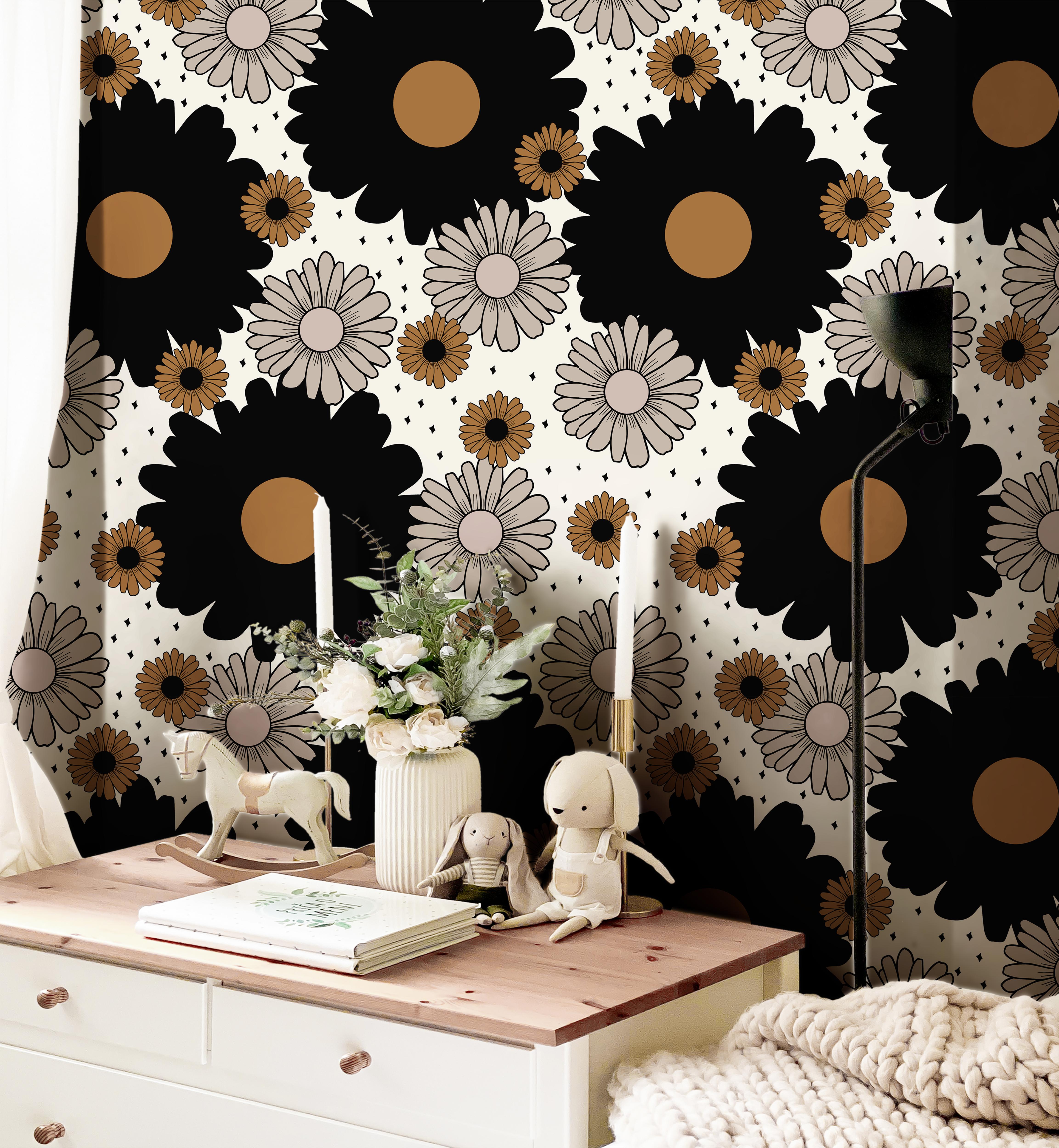 boho style wallpaper with bold daisy pattern 381