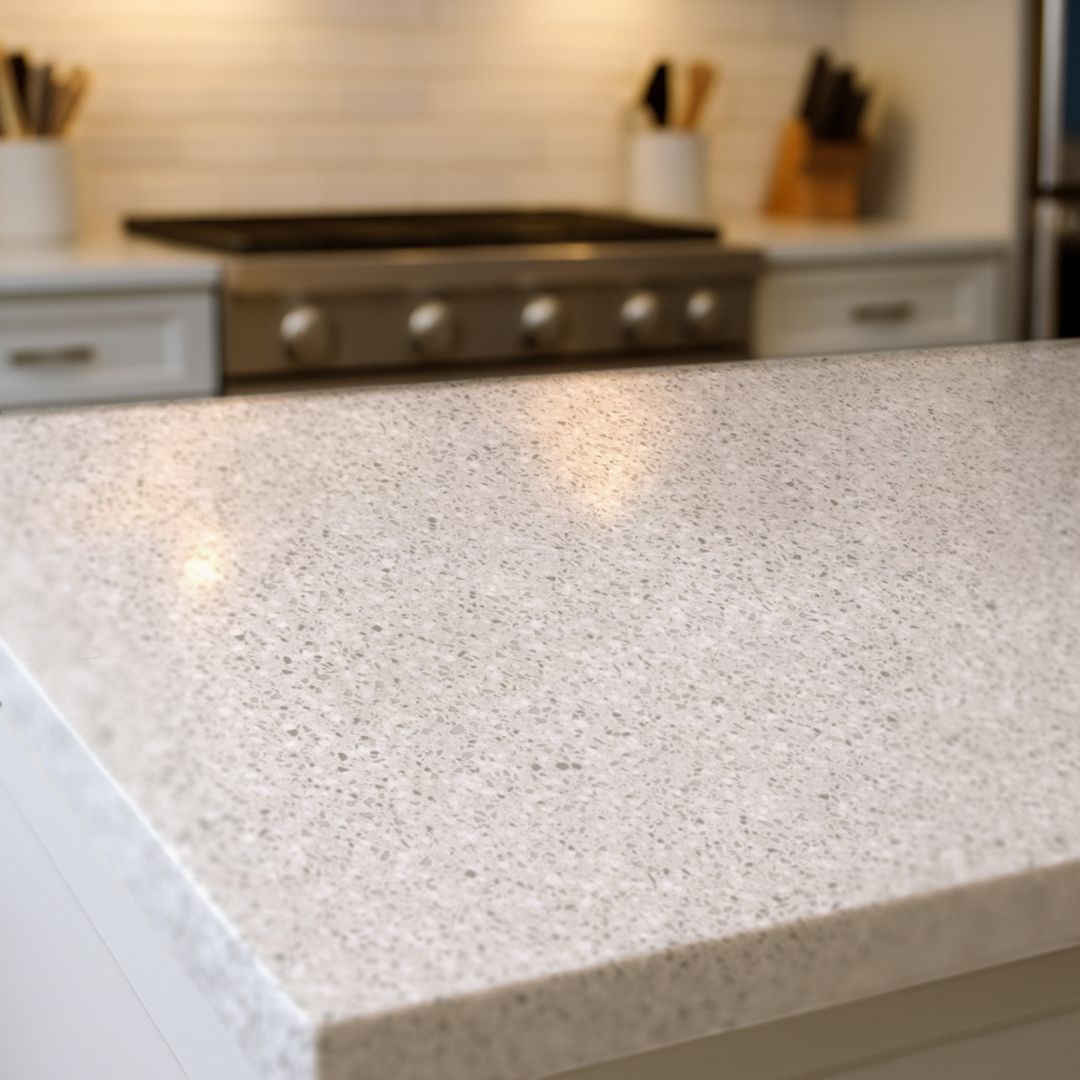 Close up of Ivory Terrazzo countertop film 79 showing soft ivory stone flecking