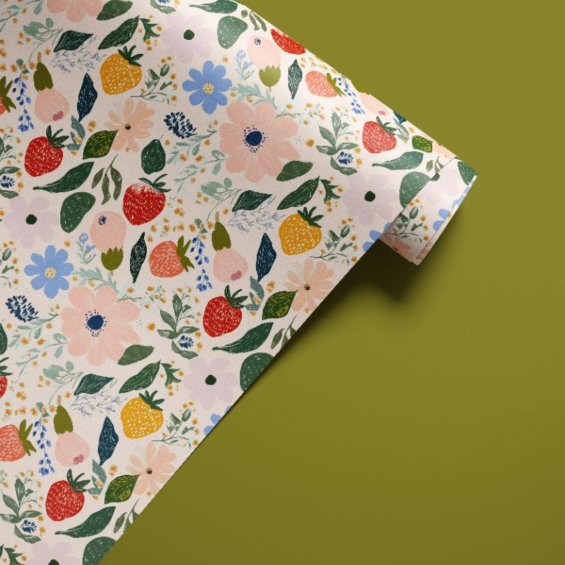 peel and stick contact paper roll with strawberry and floral painterly pattern design