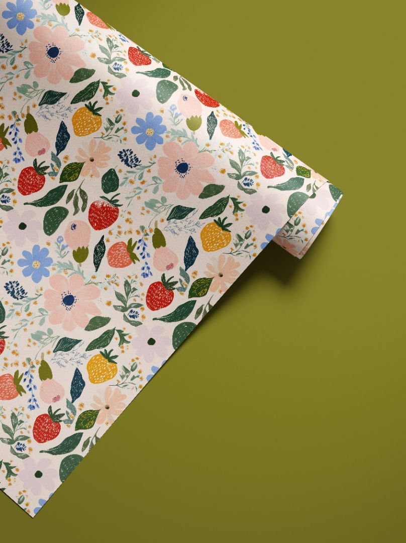 peel and stick contact paper roll with strawberry and floral painterly pattern design