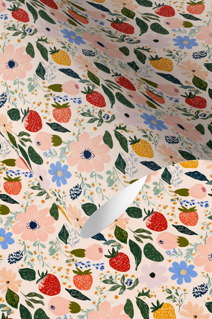  strawberry floral peel and stick contact paper with painterly fruit and petal pattern for shelves and drawers