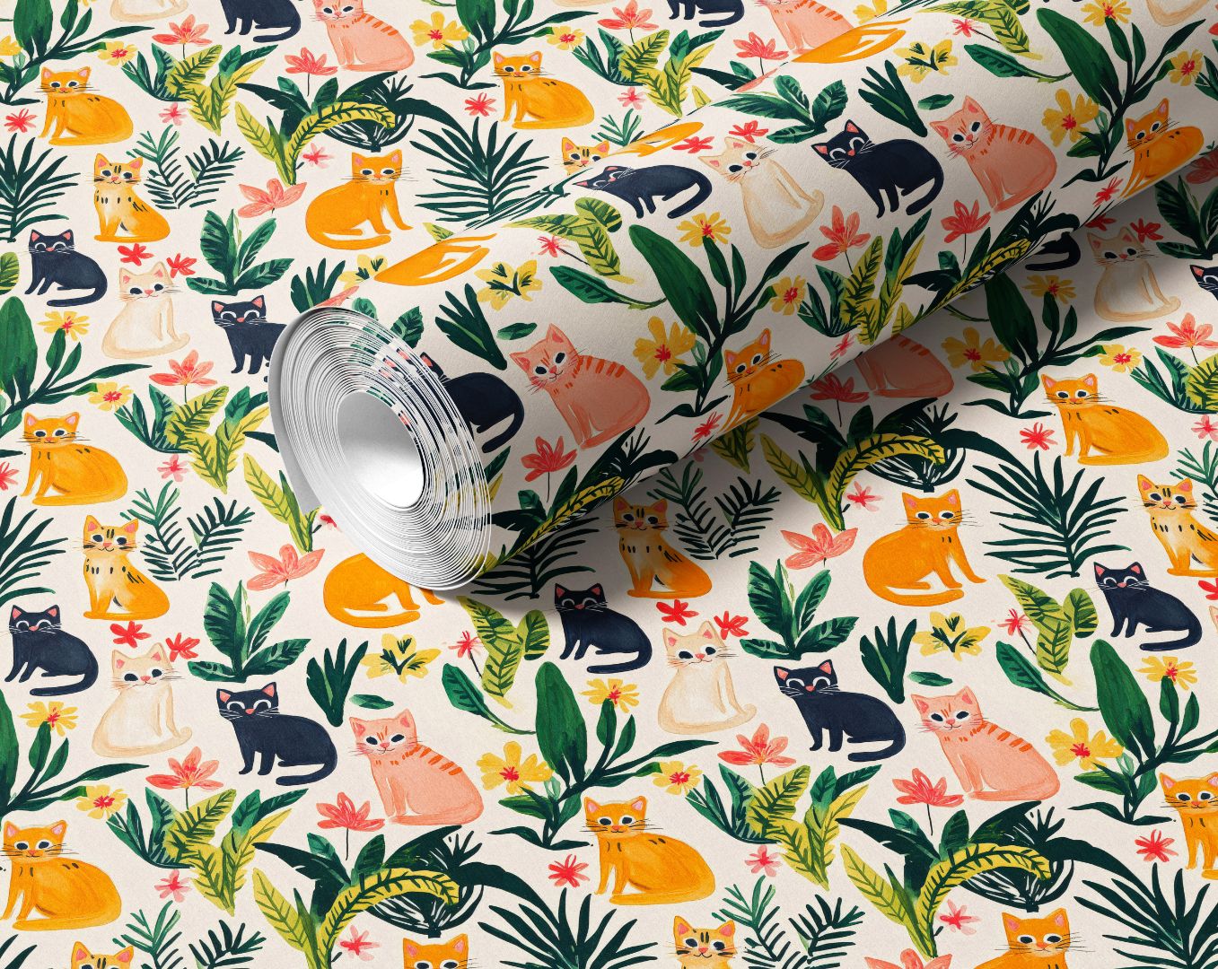 Roll of cat pattern contact paper with lush green leaves and watercolor florals, cream background, James & Colors design 1986