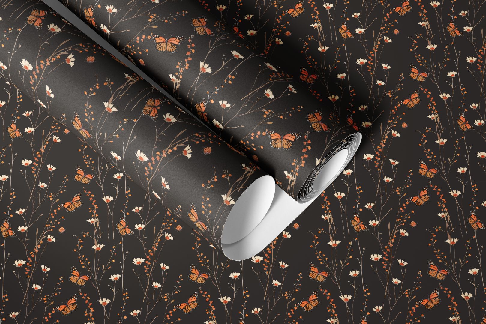 Roll of black contact paper featuring monarch butterflies and ivory wildflowers in warm orange and gold tones