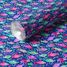 Roll of tropical fish contact paper with coral, aqua, and violet fish swimming across a deep blue background