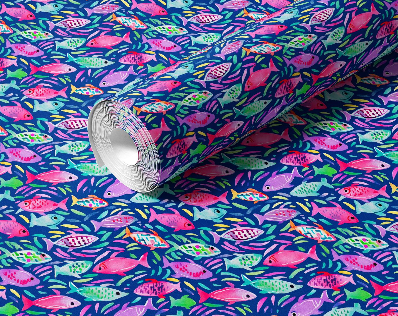 Roll of tropical fish contact paper with coral, aqua, and violet fish swimming across a deep blue background