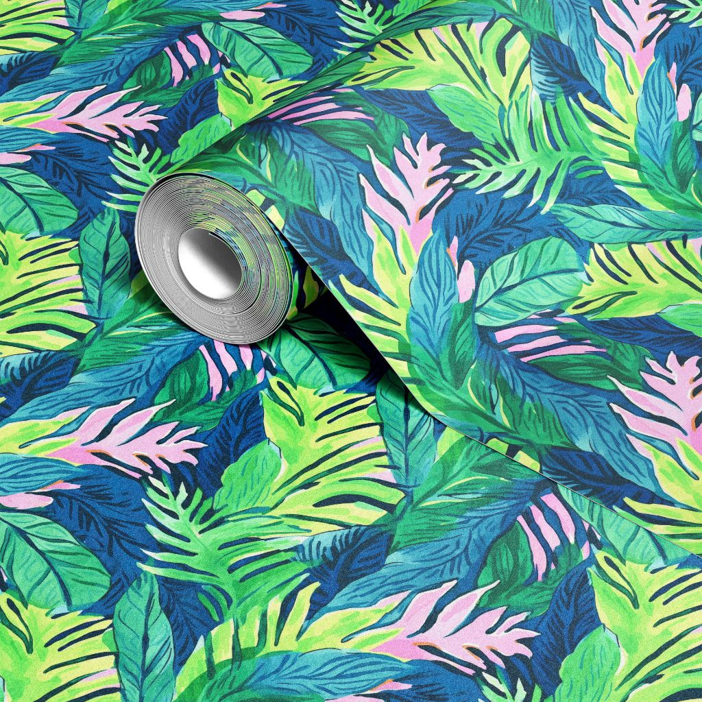 Roll of bold tropical leaf contact paper with layered green and pink foliage on a deep blue background