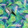 Roll of bold tropical leaf contact paper with layered green and pink foliage on a deep blue background
