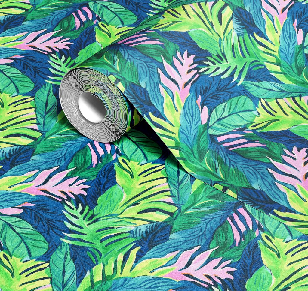 Roll of bold tropical leaf contact paper with layered green and pink foliage on a deep blue background
